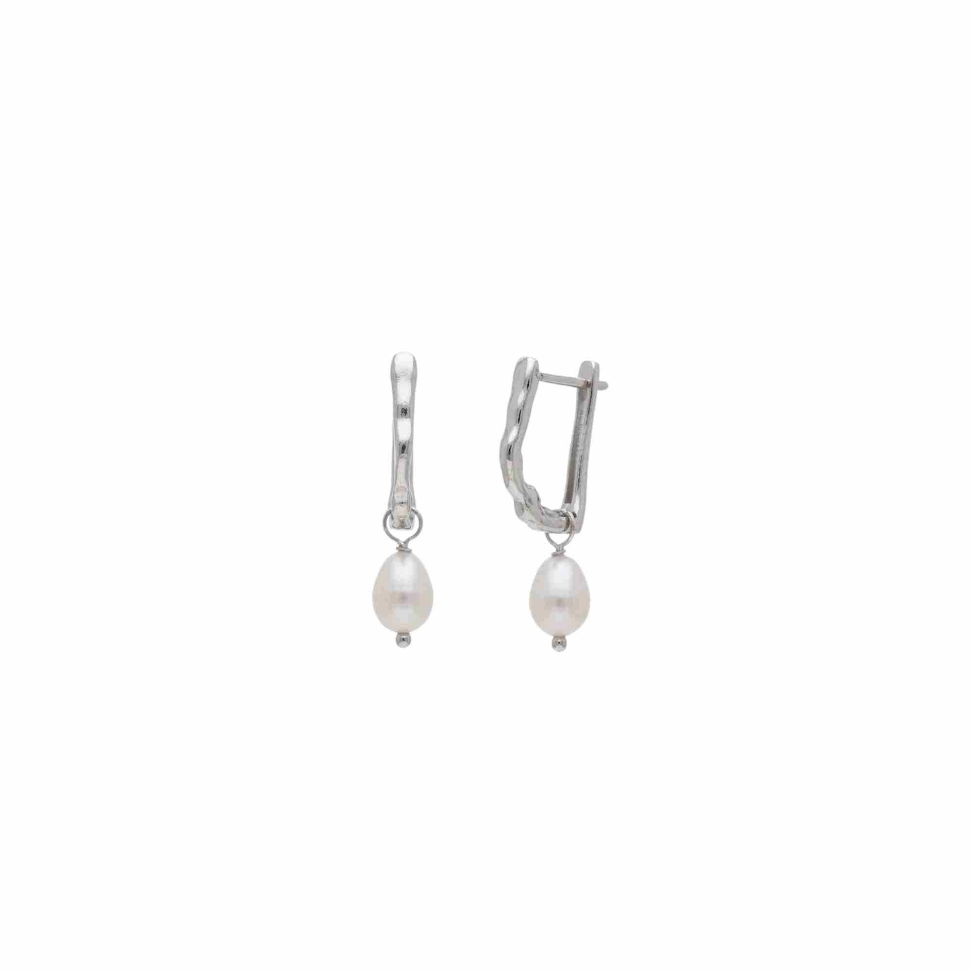 PEARLS GALORE Silver Molten U-Hoops; sculptural silver U-shaped earrings with a textured finish and dangling teardrop pearls in 92.5 recycled silver.