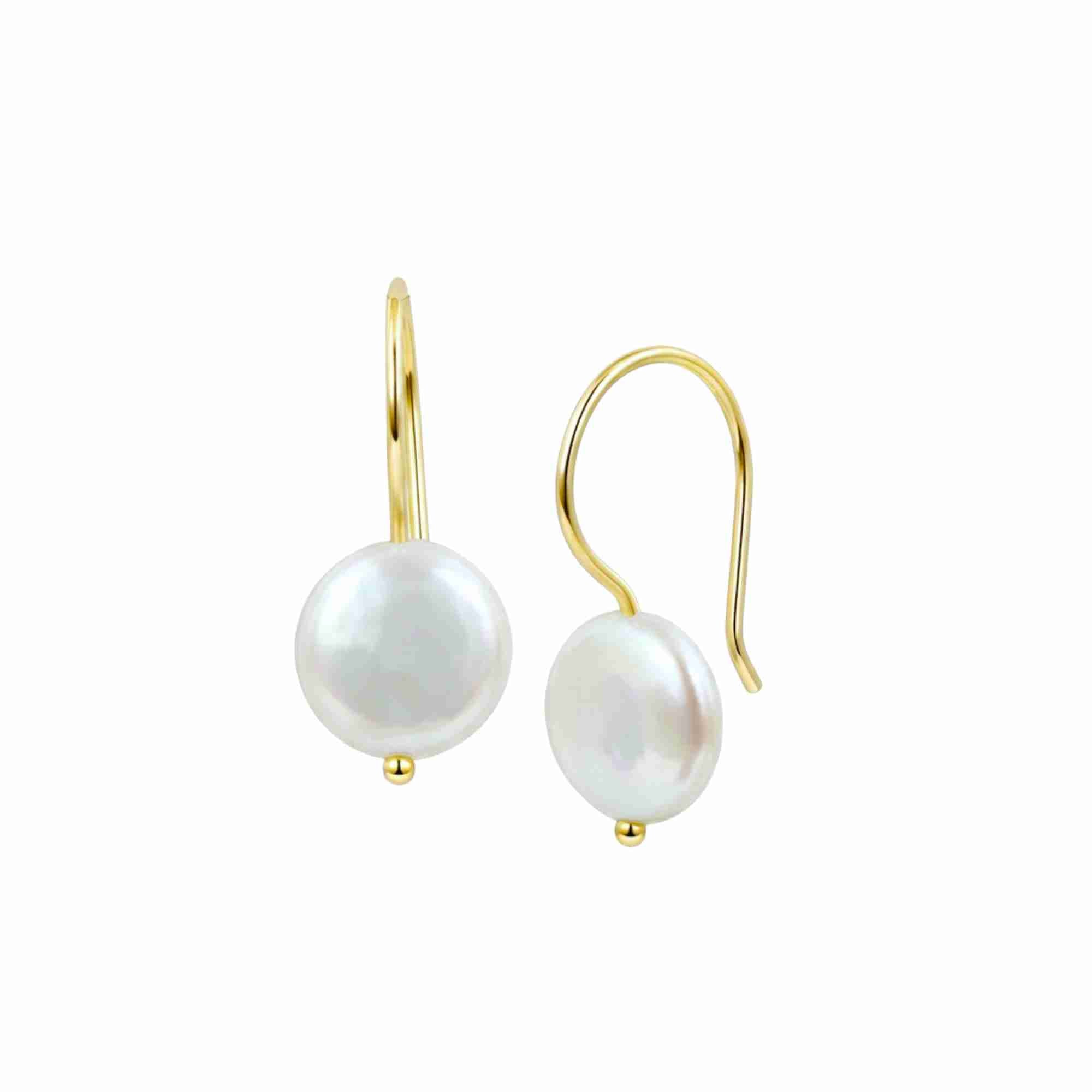 PEARLS GALORE Gold Pearl Earrings; 12mm coin pearls on gold French hooks, total length 26.9mm, handcrafted in 22K gold plated 925 Silver.