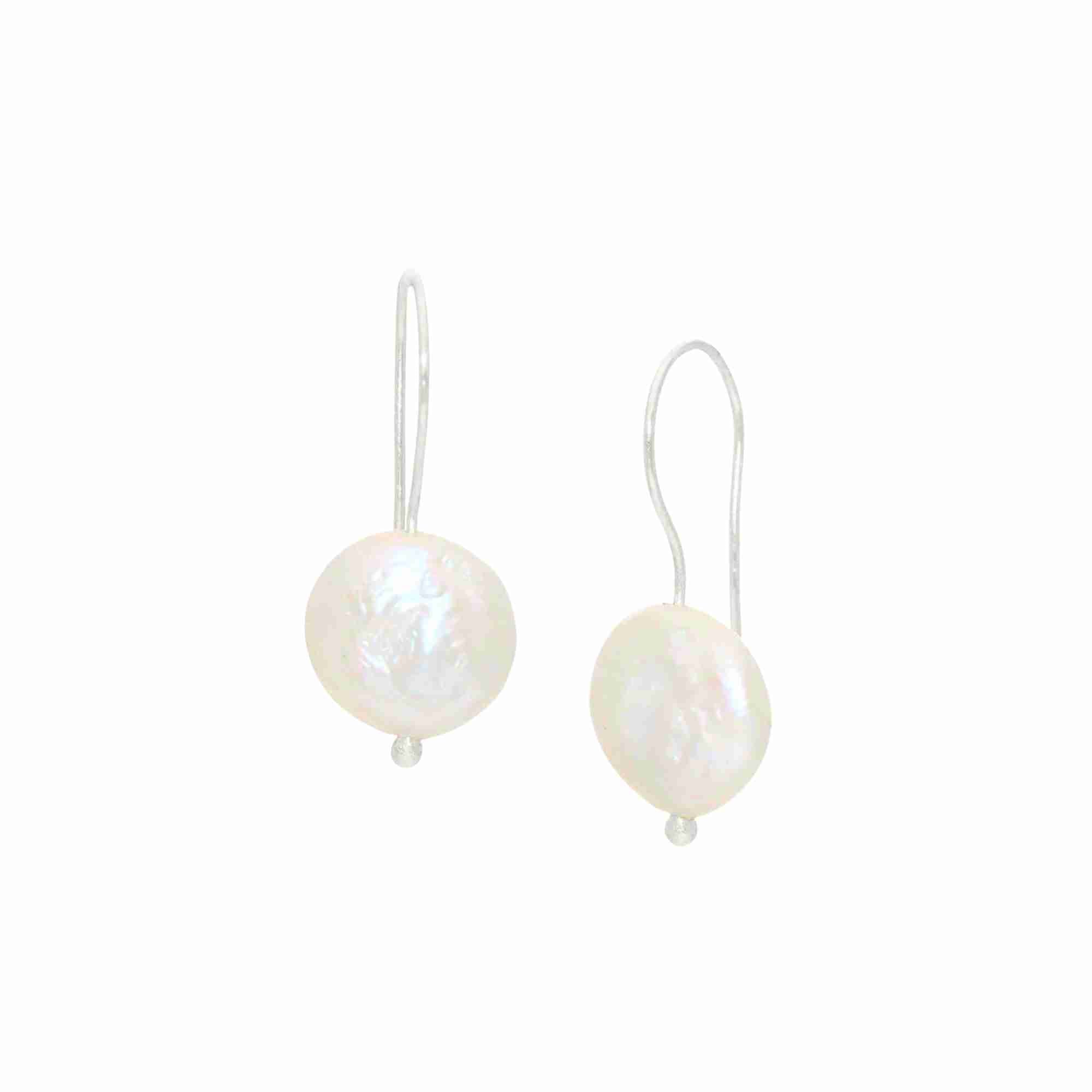 PEARLS GALORE Silver Pearl Earrings; circular white coin pearls on recycled silver French hooks, 26.9mm total drop, handcrafted by Protsaah Zurich.