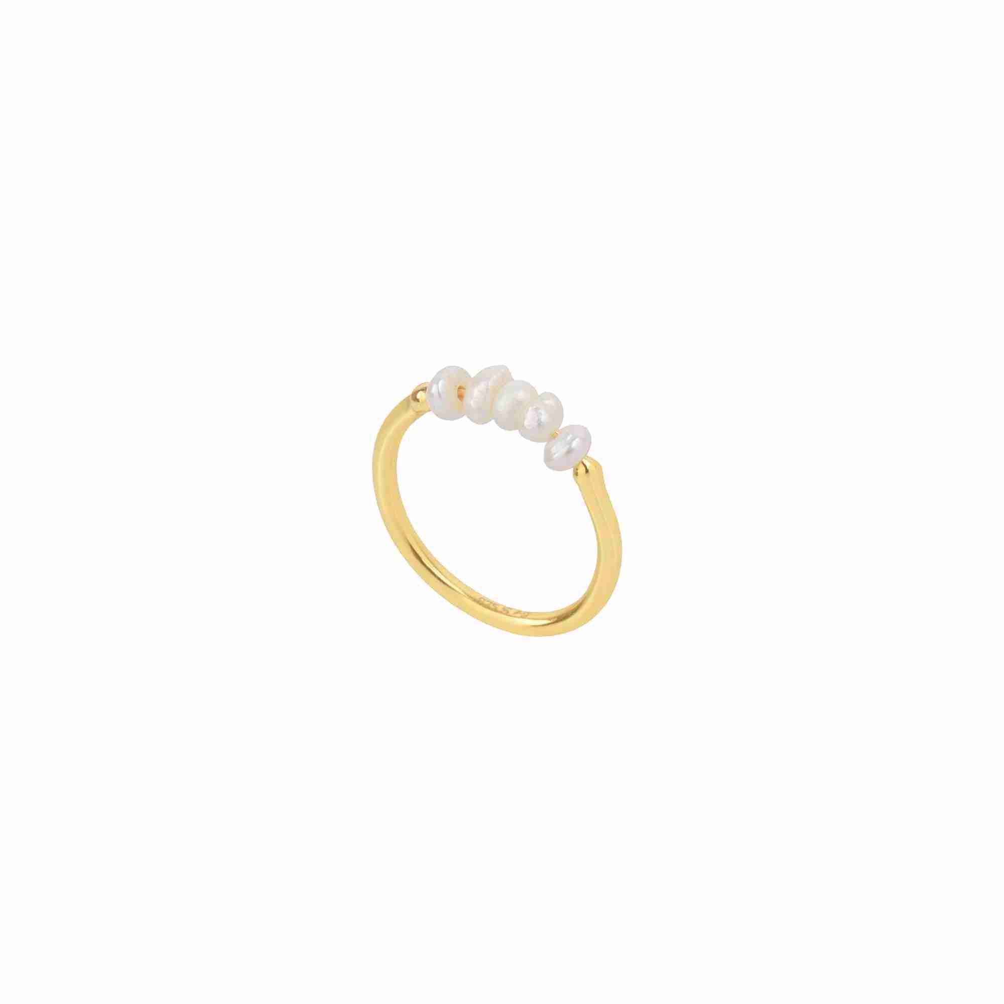PEARLS GALORE Gold Pearl Ring; horizontal bar featuring white seed pearls on a delicate gold vermeil band, handcrafted by Protsaah Zurich.