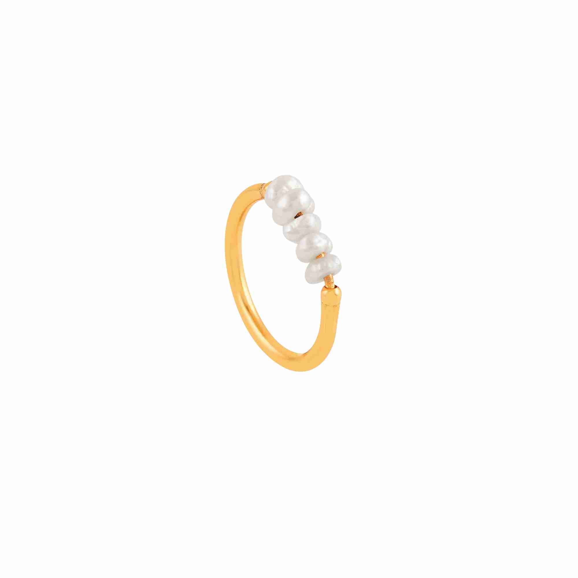 PEARLS GALORE Gold Pearl Ring; horizontal bar featuring white seed pearls on a delicate gold vermeil band, handcrafted by Protsaah Zurich.