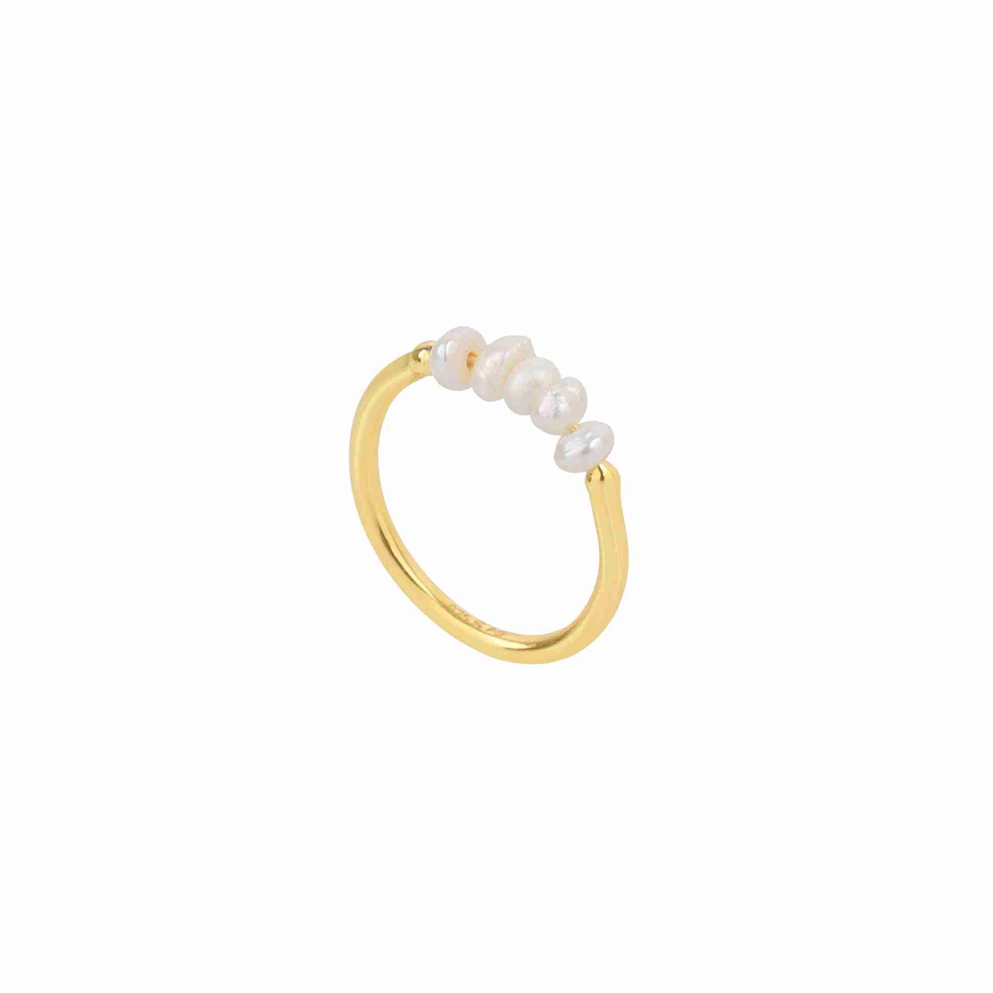 PEARLS GALORE Gold Pearl Ring; horizontal bar featuring white seed pearls on a delicate gold plated 925 Silver band, handcrafted by Protsaah Zurich.