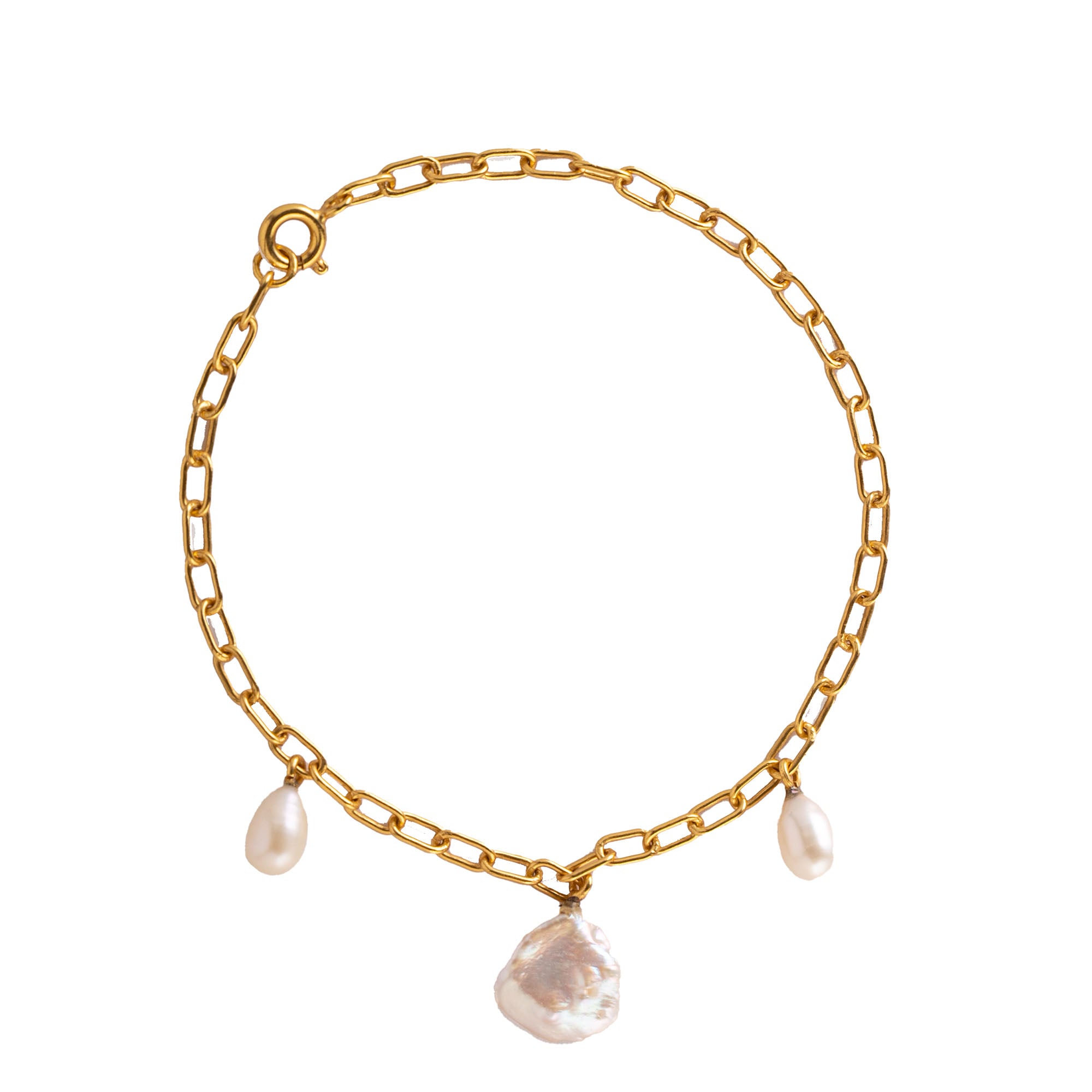 PEARLS GALORE Gold Pearl Bracelet; a delicate gold chain bracelet featuring three white baroque pearls, handcrafted in 22K gold vermeil by Protsaah Zurich.