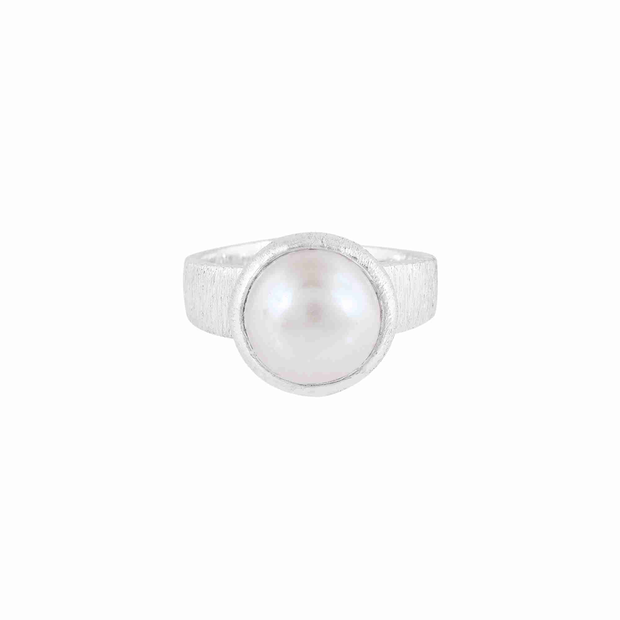 Product picture named showing a top-down frontal view of the PEARLS GALORE Molten Cushion Pearl Adjustable Ring Silver against a plain white background, highlighting the round white cushion pearl enclosed in a hand-brushed matte sterling silver bezel setting by Protsaah Zurich.