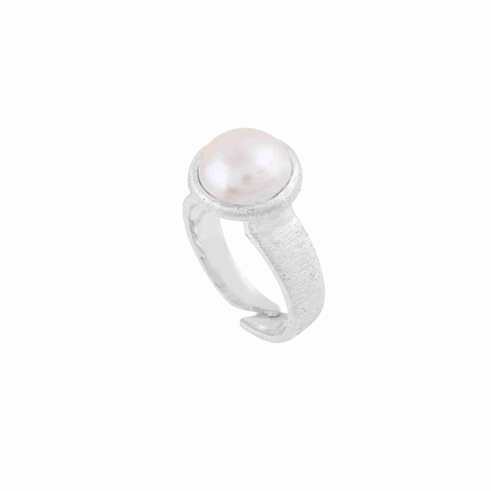 Product picture named displaying a three-quarter side angle of the PEARLS GALORE Molten Cushion Pearl Adjustable Ring Silver against a solid white backdrop, showcasing the textured finish of the wide silver band and its open, adjustable back design by Protsaah Zurich.