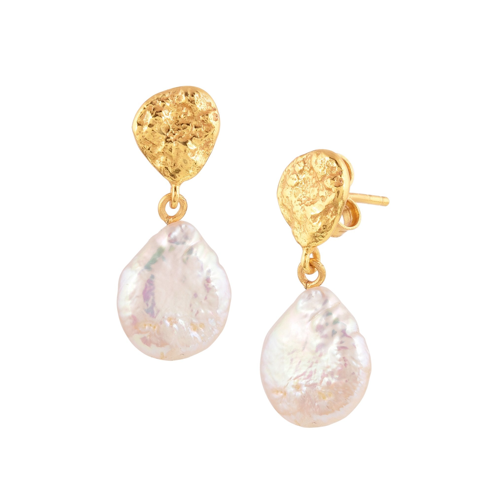 PEARLS GALORE Gold Keshi Pearl Earrings; organic hammered gold teardrop studs with flat iridescent pearls, handcrafted in 22K gold vermeil by Protsaah Zurich.