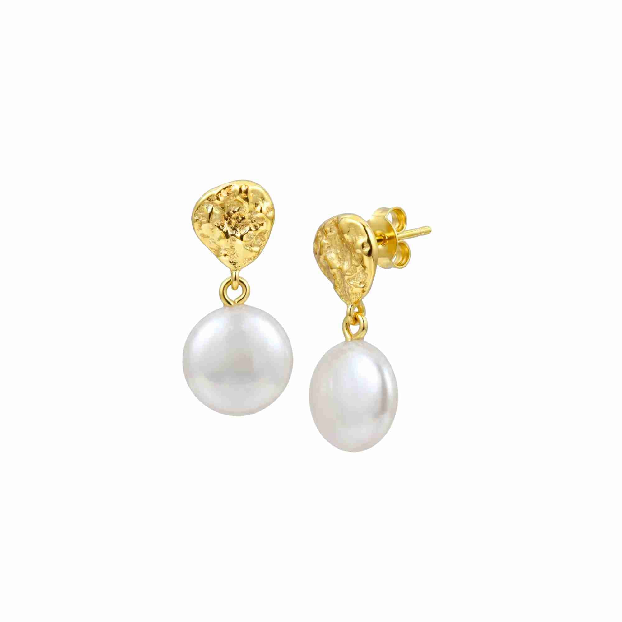 PEARLS GALORE Gold Keshi Pearl Earrings; organic hammered gold teardrop studs with flat iridescent pearls, handcrafted in 22K gold plated 925 Silver by Protsaah Zurich.