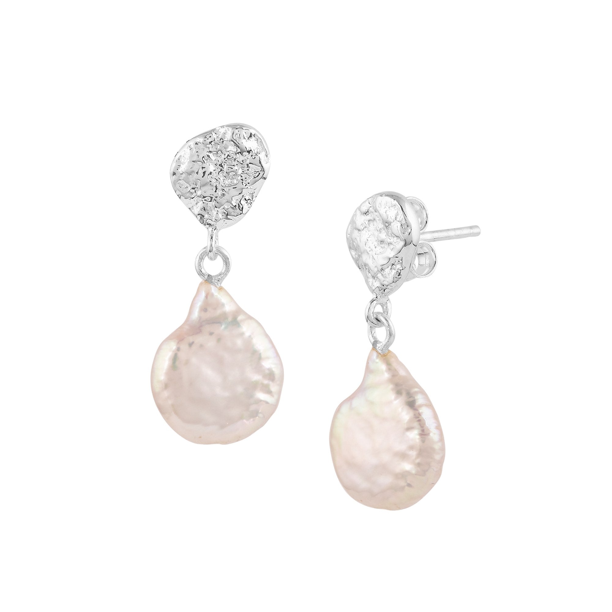 PEARLS GALORE Silver Keshi Pearl Earrings; organic hammered silver teardrop studs with flat iridescent pearls, handcrafted in 92.5 recycled silver by Protsaah Zurich.