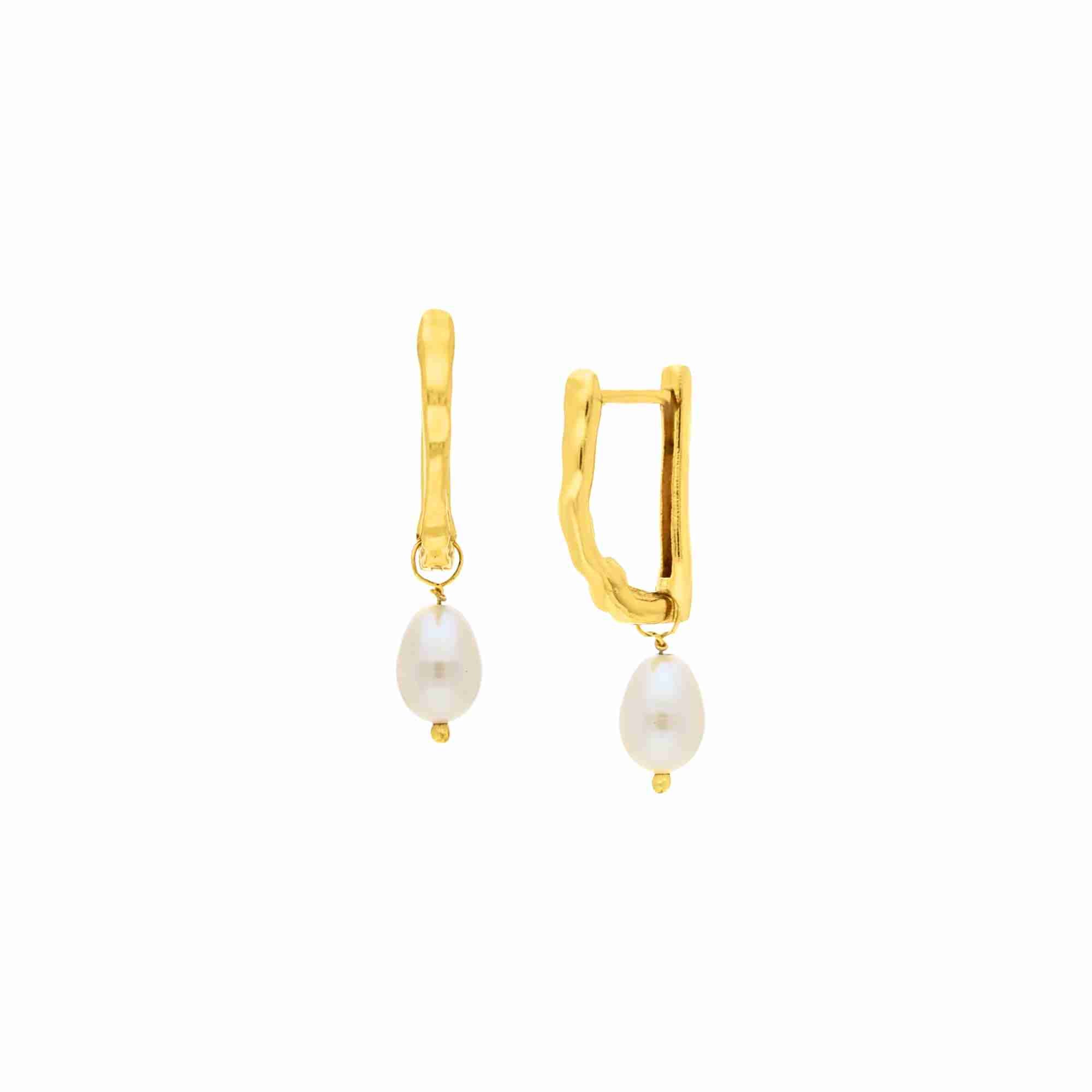 PEARLS GALORE Gold Molten U-Hoops; sculptural gold U-shaped earrings with a textured finish and dangling teardrop pearls in 22K gold plated 925 Silver.