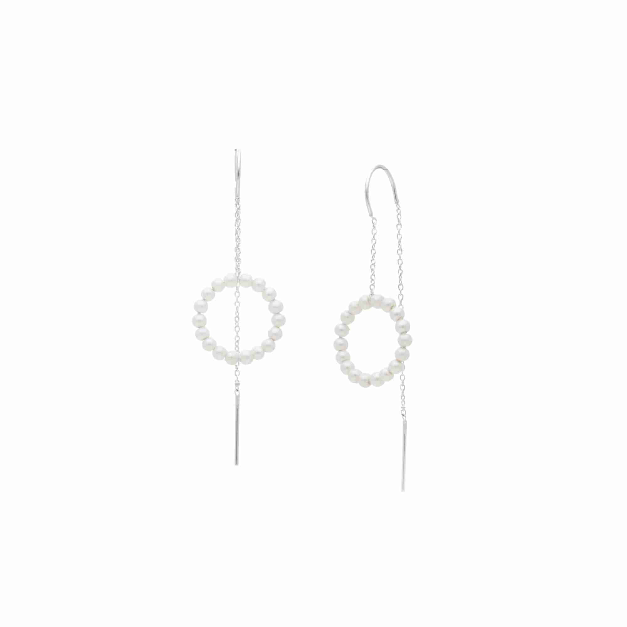 PEARLS GALORE Silver Threader Earrings; seed pearl halo circle on 92.5 recycled silver chain with bar drop, handcrafted by Protsaah Zurich.