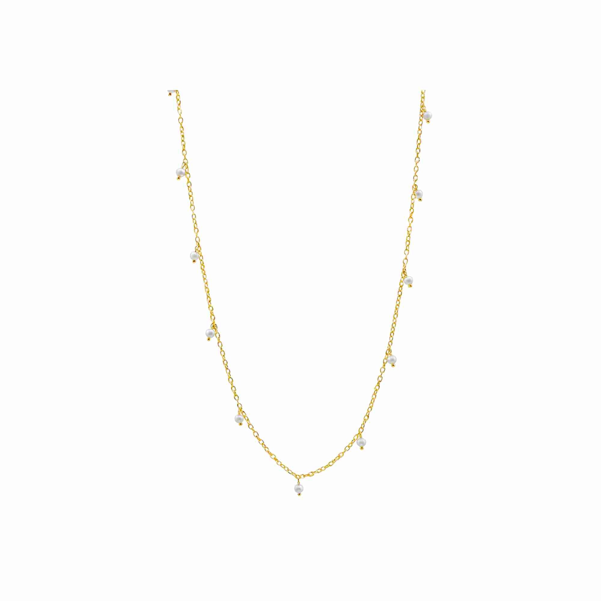 PEARLS GALORE Gold Pearl Choker; multiple white seed pearl droplets scattered on a 22K gold vermeil chain, handcrafted by Protsaah Zurich.
