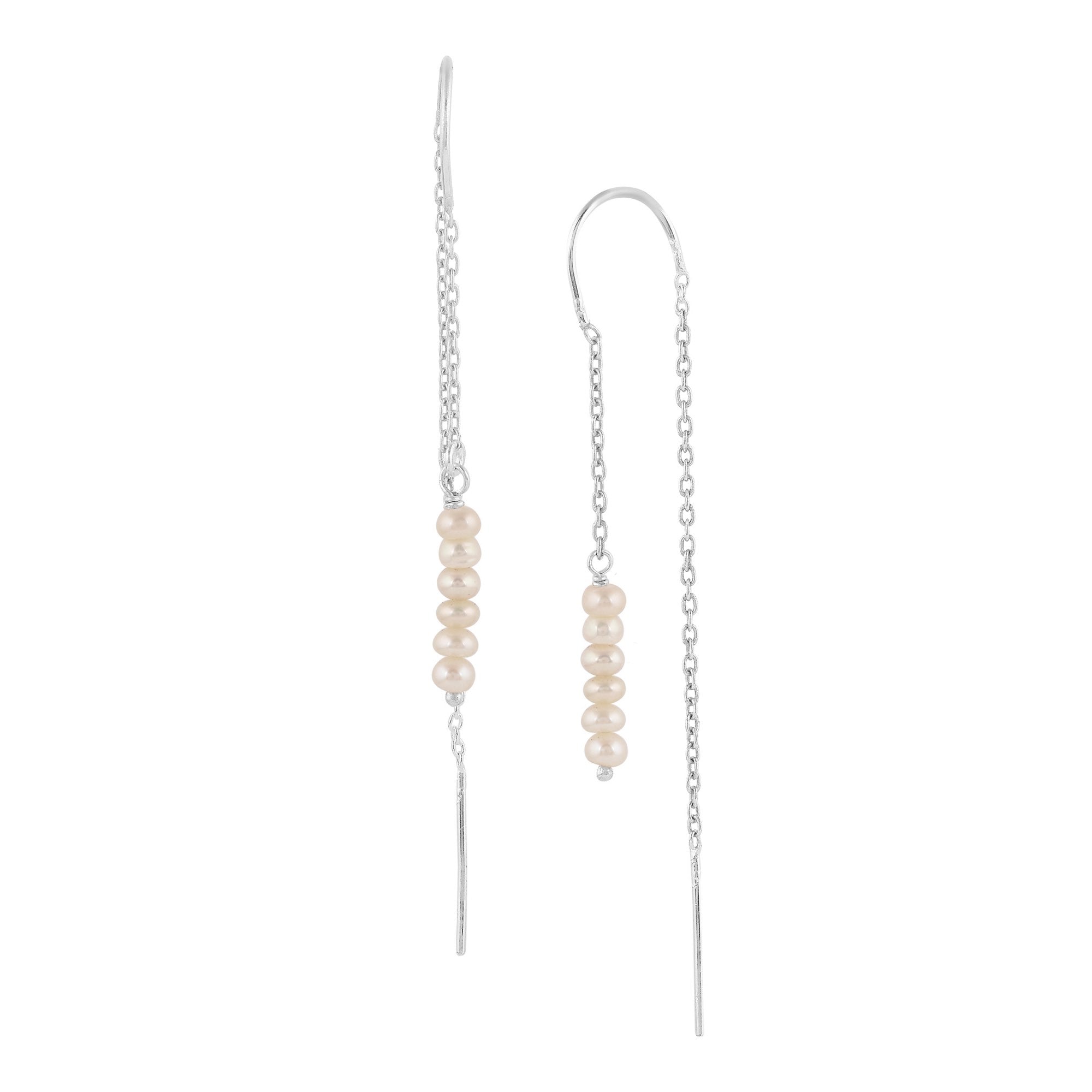 PEARLS GALORE Silver Threader Earrings; five stacked white seed pearls on a long recycled silver chain threader, handcrafted by Protsaah Zurich.