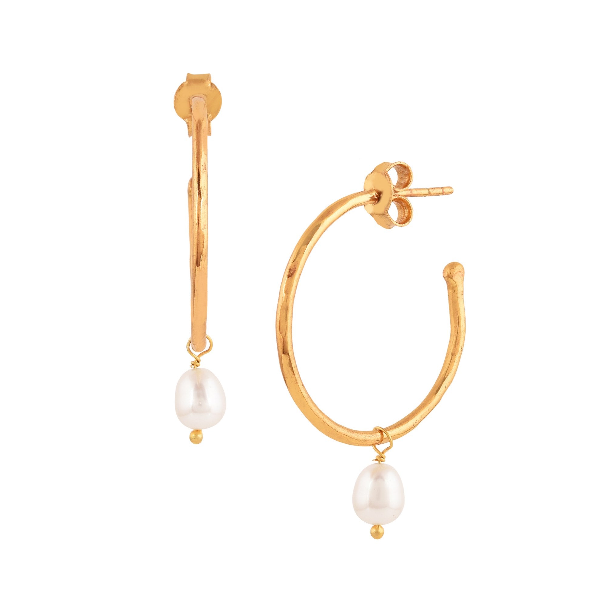 PEARLS GALORE Gold Hoop Earrings; hammered gold hoops with a single dangling freshwater pearl drop in 22K gold vermeil.