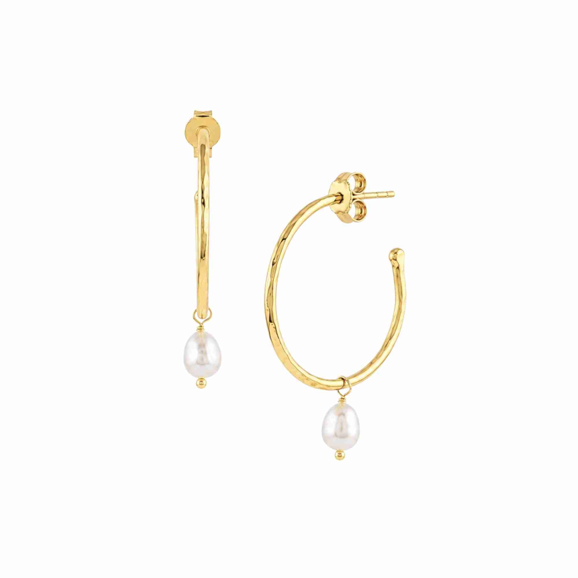 PEARLS GALORE Gold Hoop Earrings; hammered gold hoops with a single dangling freshwater pearl drop in 22K gold plated 925 Silver.