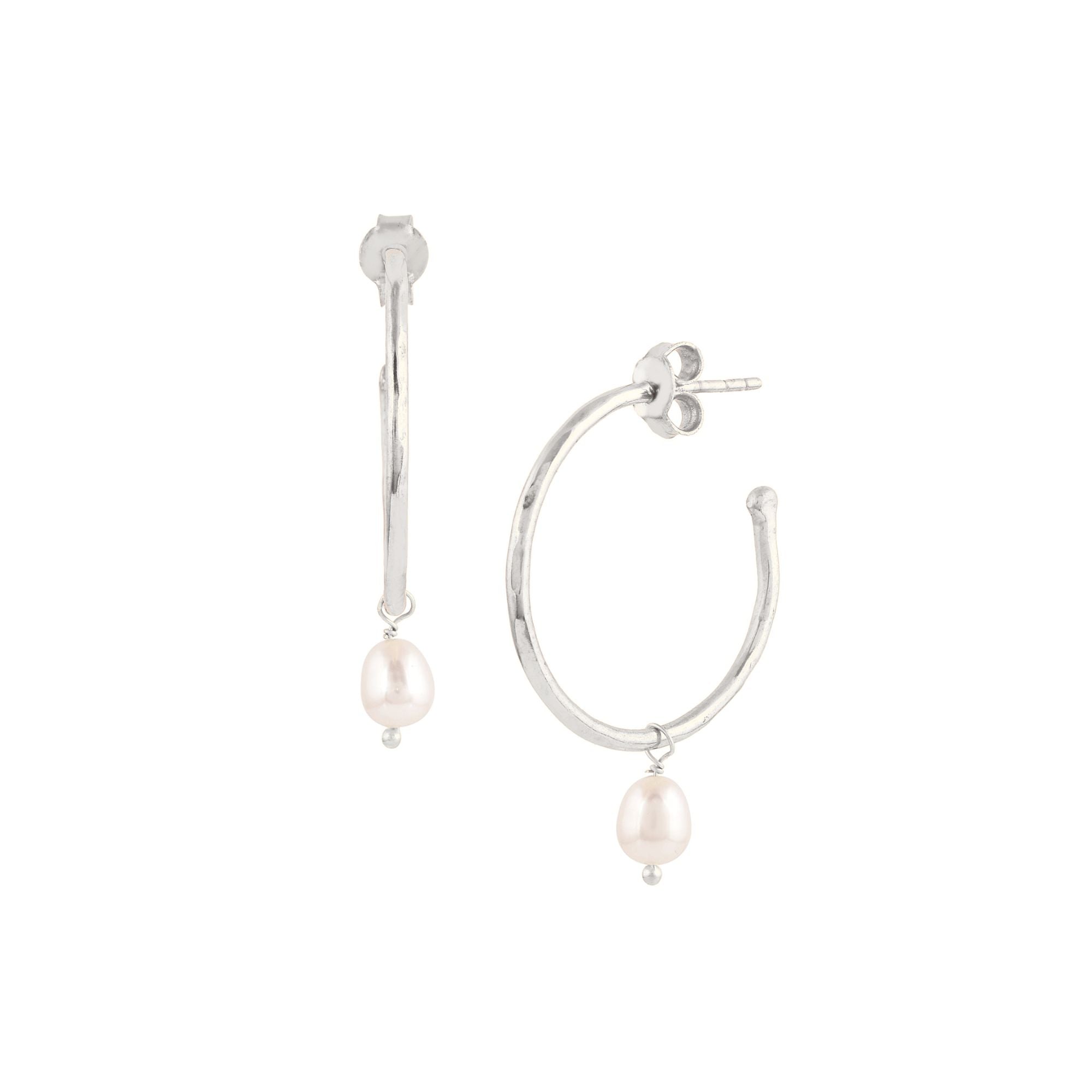 PEARLS GALORE Silver Hoop Earrings; hammered silver hoops with a single dangling freshwater pearl drop in 92.5 recycled silver.