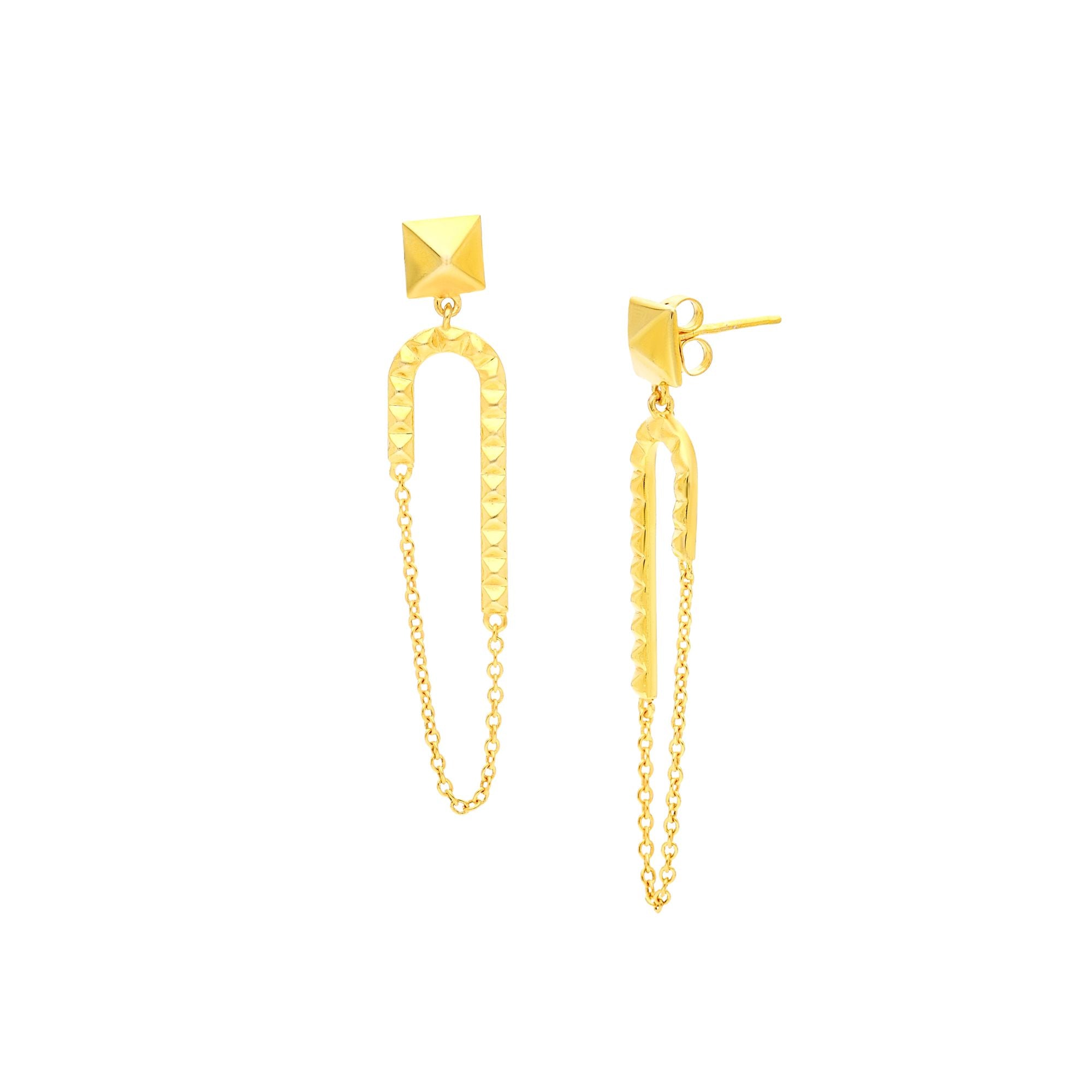 PINNACLE Gold Statement Earrings; architectural studded arch with a delicate chain drop in 22K gold vermeil, handcrafted by Protsaah Zurich.