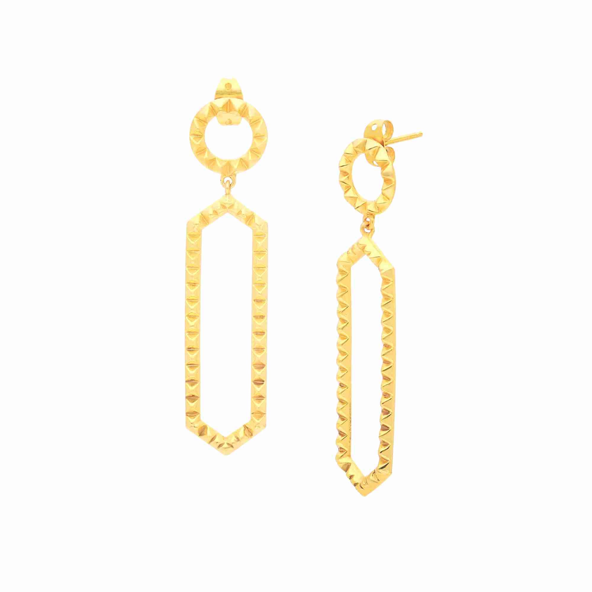 PINNACLE Gold Geometric Drop Earrings; long studded hexagon earrings in 22K gold vermeil, architectural statement jewelry handcrafted by Protsaah Zurich.