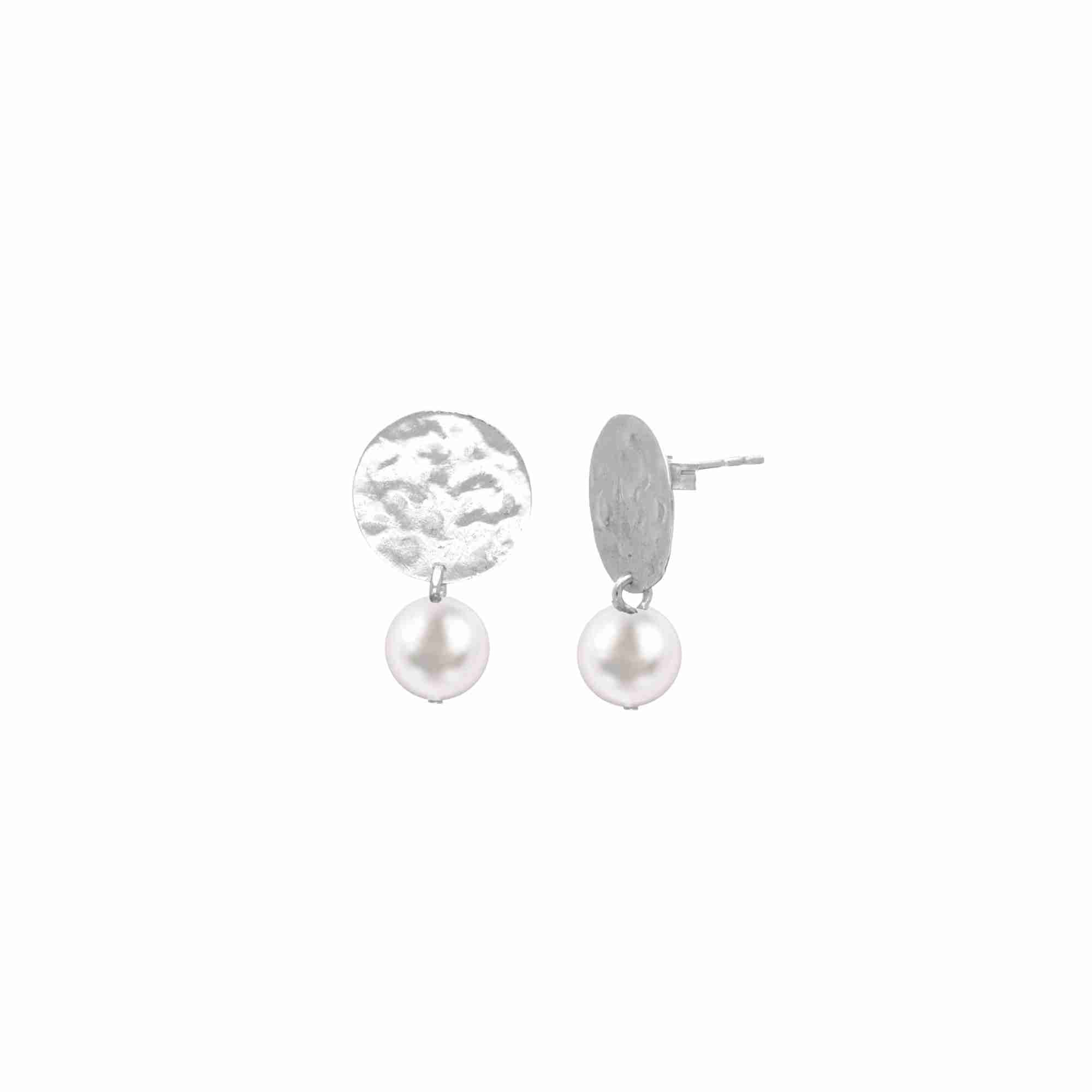 PEARLS GALORE Silver Pearl Earrings; 13.4mm diameter hammered molten silver discs with round white pearl drops, handcrafted by Protsaah Zurich.