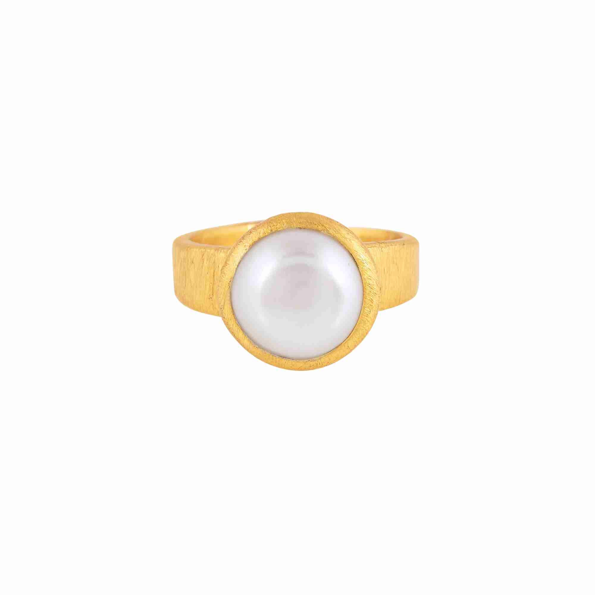 Product picture named showing a top-down frontal view of the PEARLS GALORE Molten Cushion Pearl Adjustable Ring Gold against a plain white background, highlighting the round white cushion pearl enclosed in a hand-brushed matte gold bezel setting by Protsaah Zurich.