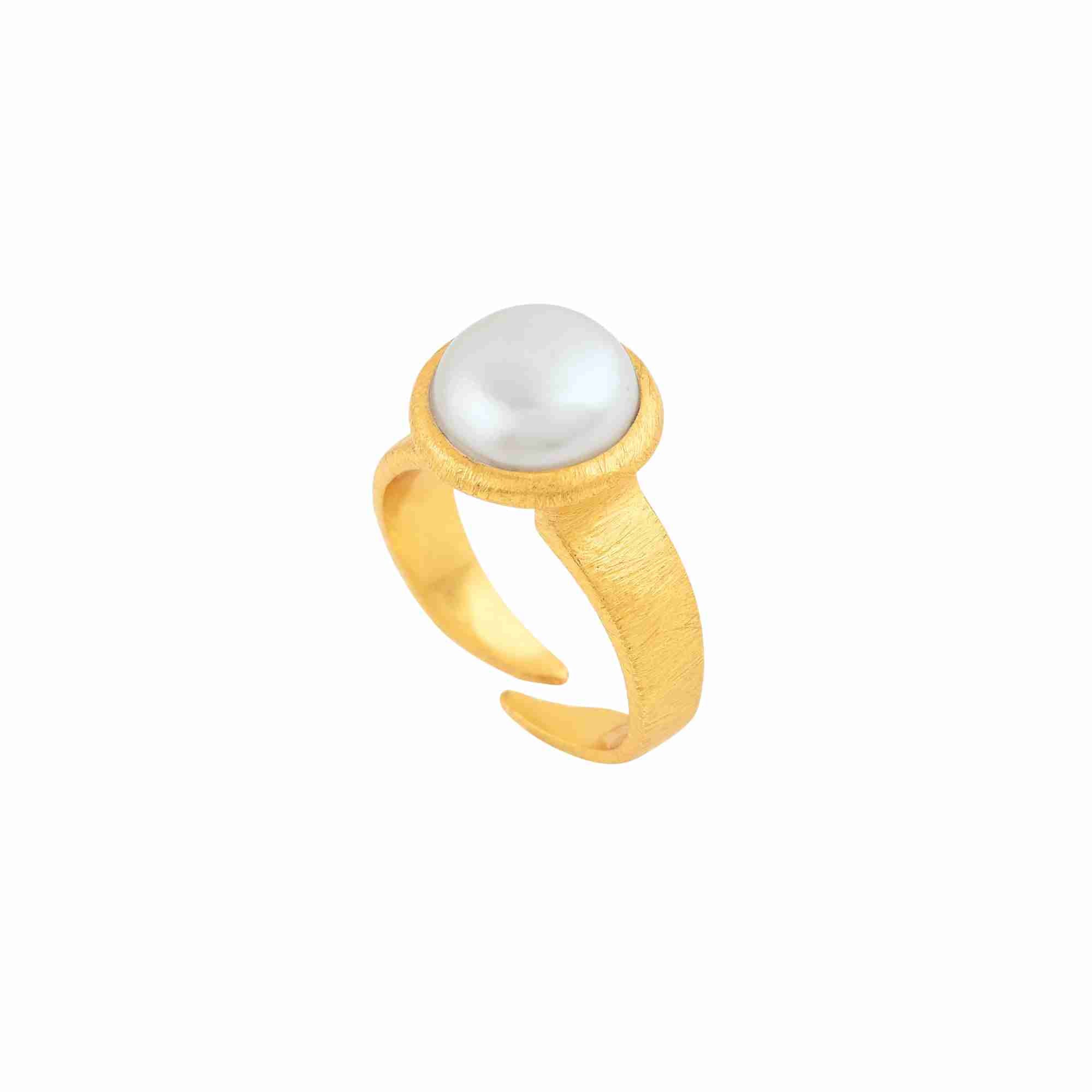 Product picture named displaying a three-quarter side angle of the PEARLS GALORE Molten Cushion Pearl Adjustable Ring Gold against a solid white backdrop, showcasing the textured finish of the wide metal band and its open, adjustable back design by Protsaah Zurich.