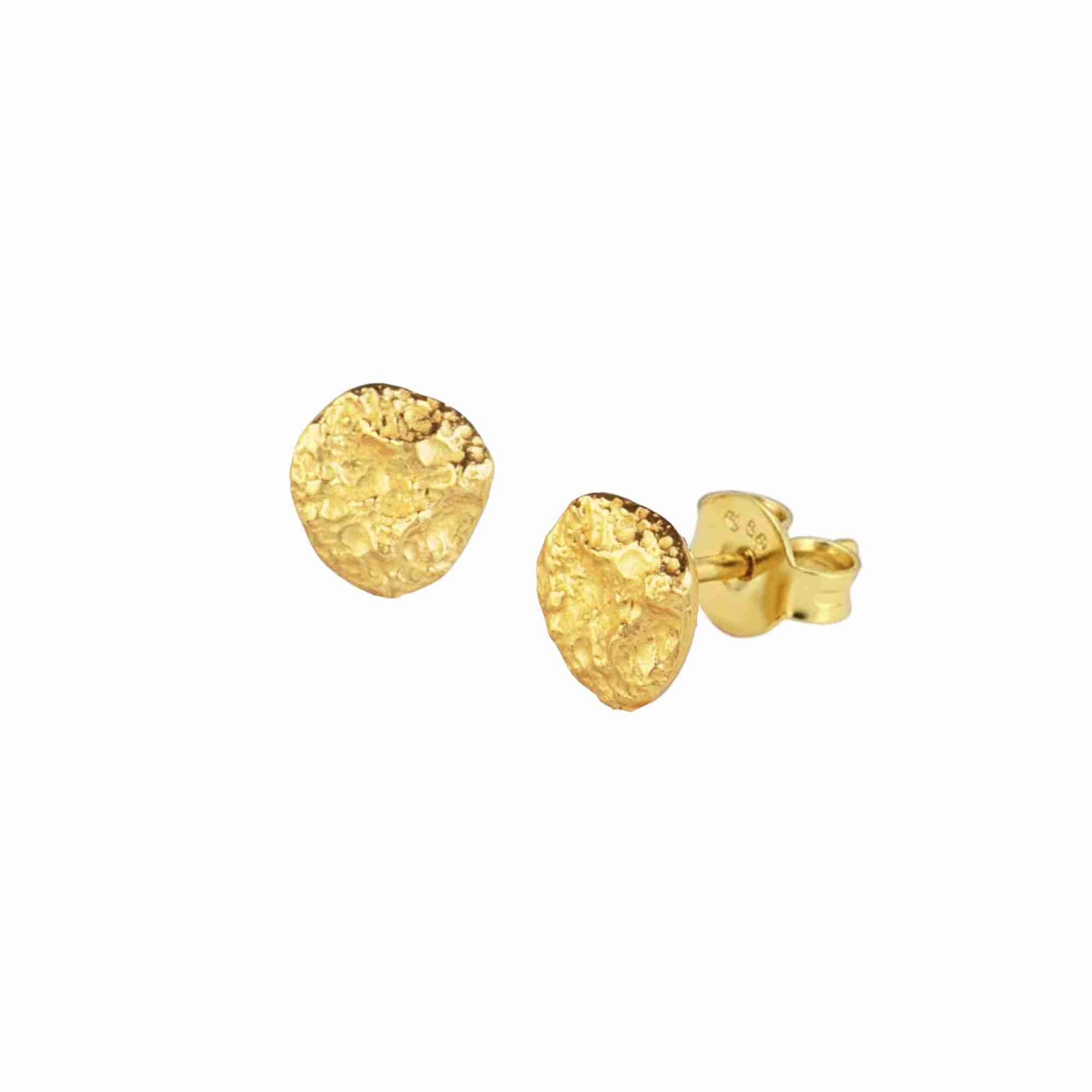 Pearls Galore Gold Stud Earrings; organic molten nugget design with a matte brushed gold finish over 92.5 recycled silver.