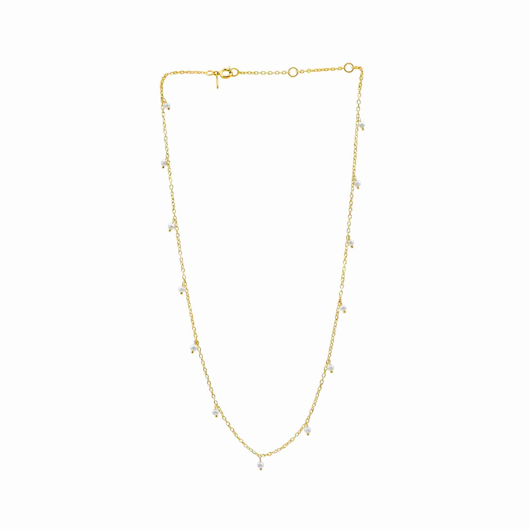 PEARLS GALORE Gold Pearl Choker; multiple white seed pearl droplets scattered on a 22K gold plated 925 Silver chain, handcrafted by Protsaah Zurich.