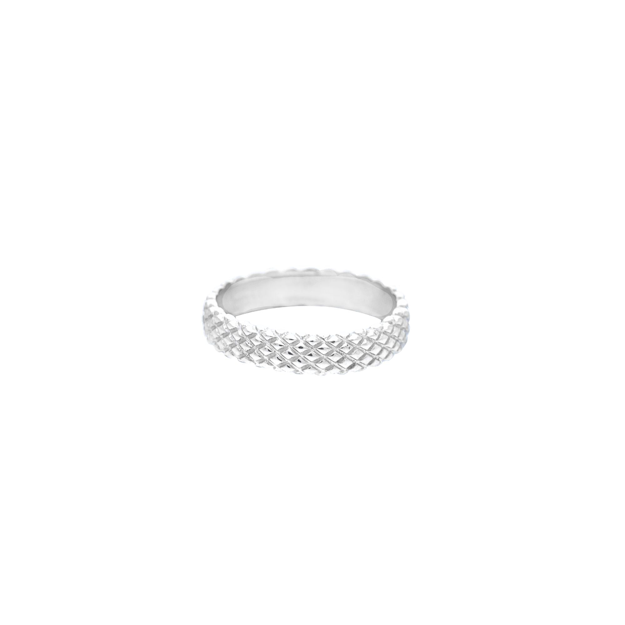 PINNACLE Silver Diamond-Faceted Ring; broad textured band in recycled silver, geometric quilted statement ring handcrafted by Protsaah Zurich.