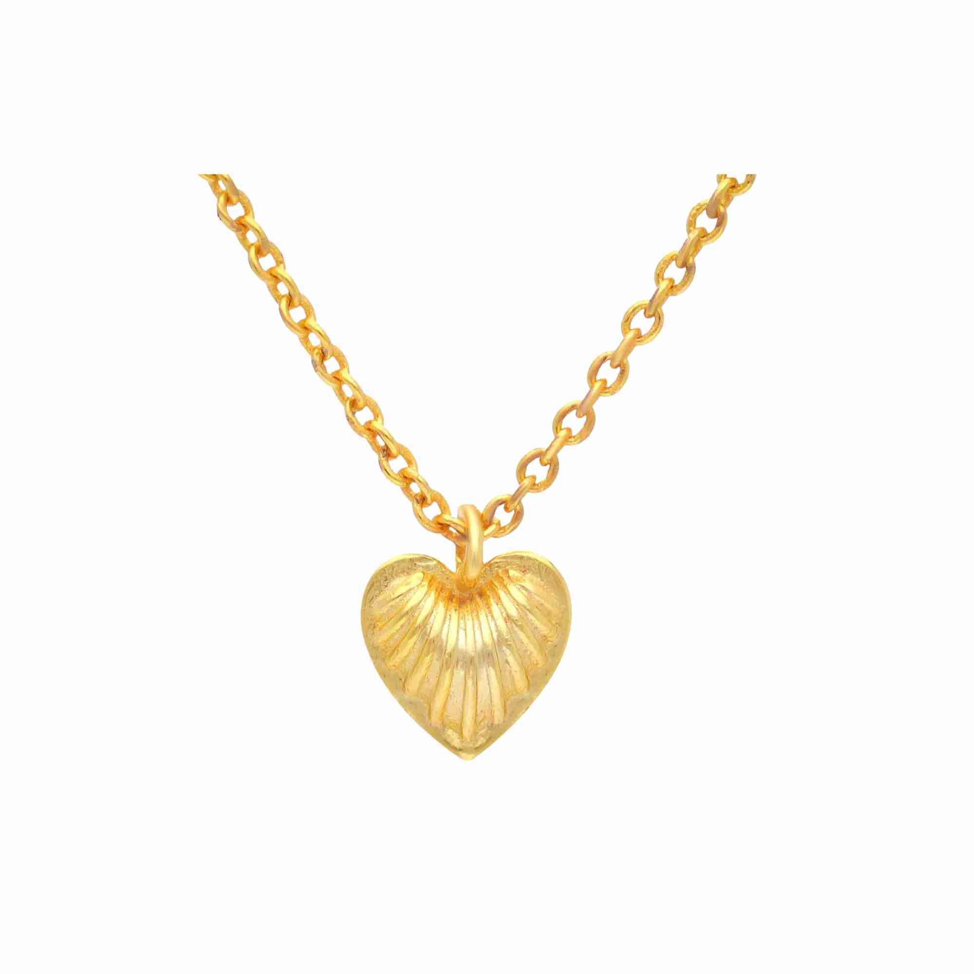 Macro close-up view of the gold Queen of Charms Fluted Heart Pendant Necklace, highlighting the detailed fluted shell-like texture of the heart charm and delicate chain link.