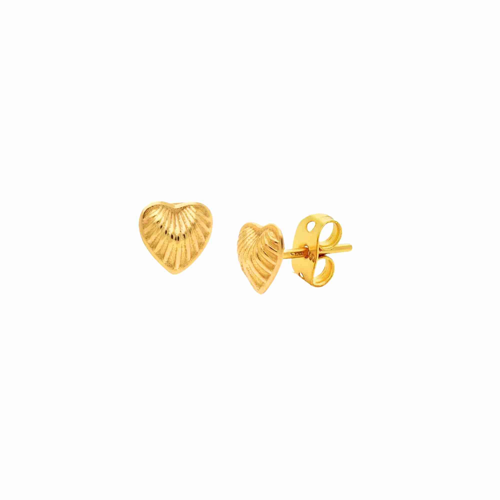 Queen of Charms Fluted Heart Stud Earrings Gold — petite heart-shaped gold studs with radiating fluted texture by Protsaah Zurich.