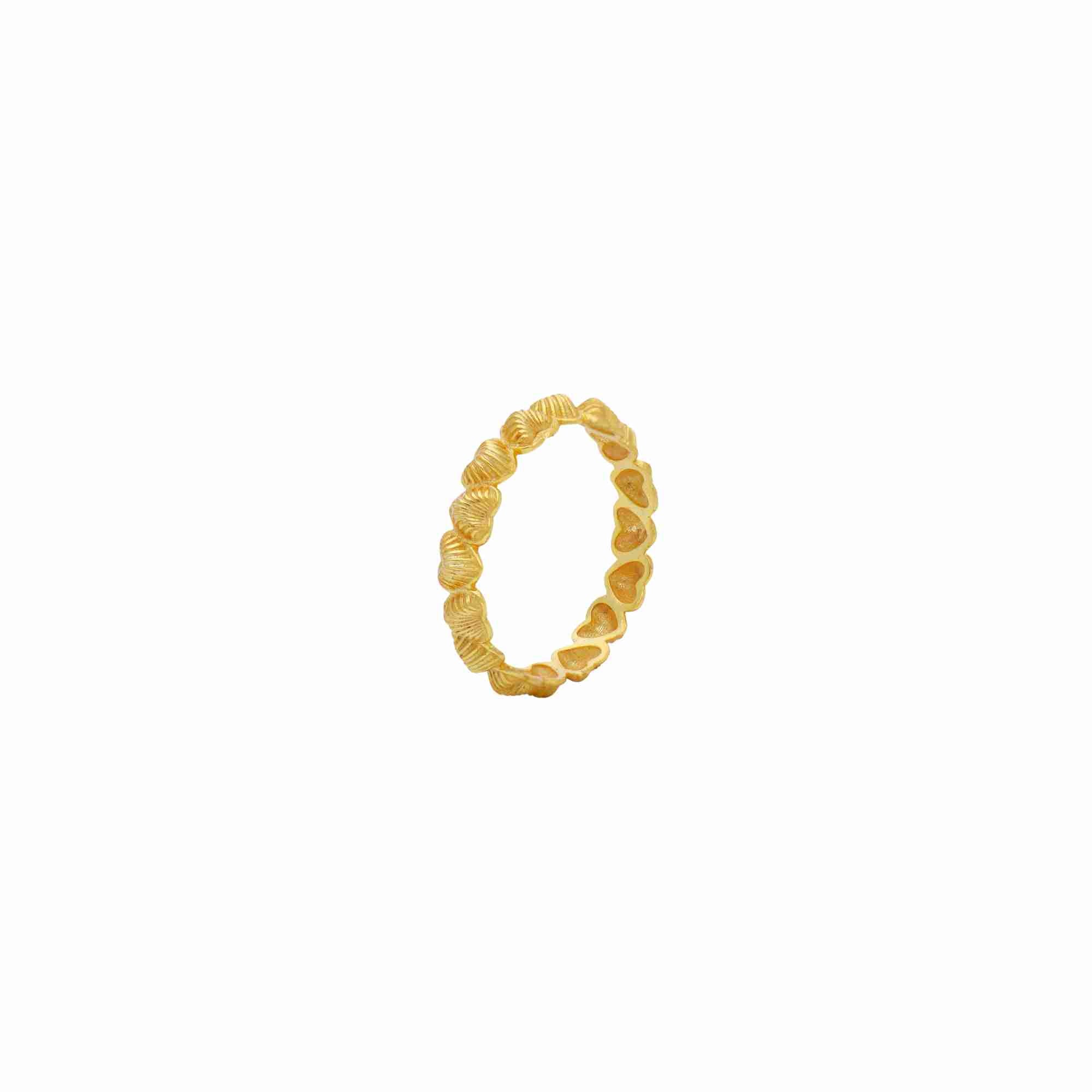 Three-quarter angled view of the gold Queen of Charms Fluted Hearts Eternity Band, highlighting the ribbed texture on the outer heart pattern and the hollowed back design of the band