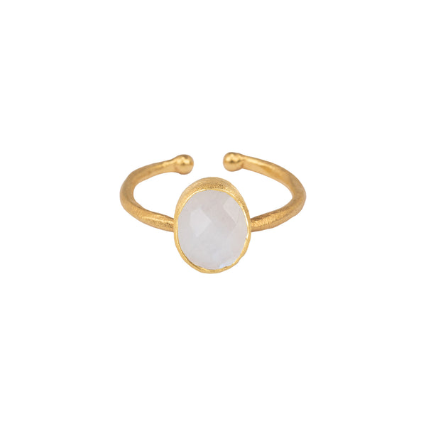 Dew Drops Oval Stone Adjustable Ring in Gold Rainbow Moonstone