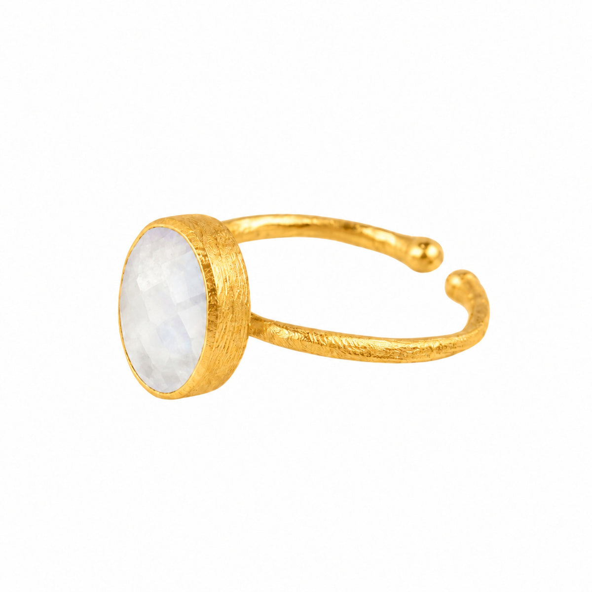 Side view of the rainbow moonstone oval hammered adjustable ring in gold, open band, on a white background