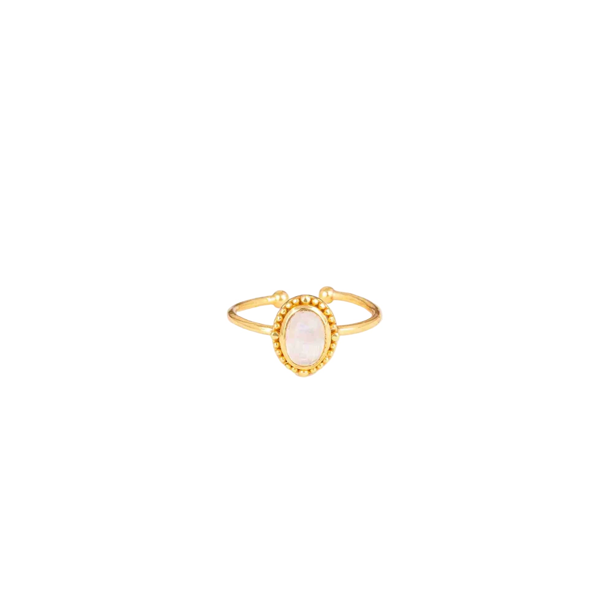 Front-facing view of the Delicate Vintage Gold Bead-Framed Rainbow Moonstone Adjustable Ring featuring an oval cabochon rainbow moonstone in a beaded-edge bezel setting on a thin open-shank gold band.