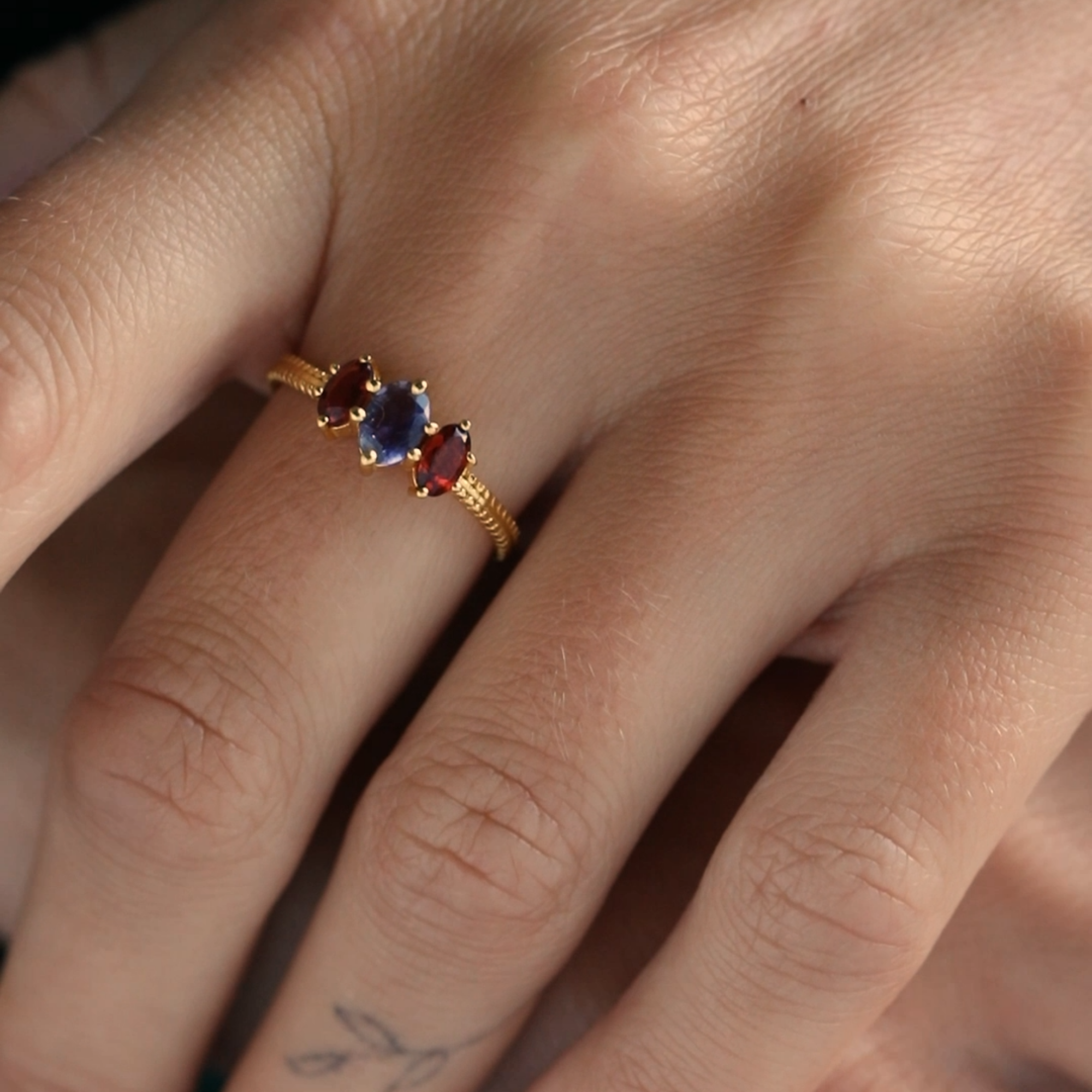 Kaleidoscope Three-Stone Marquise Ring Gold — lifestyle styling with multiple ring designs by Protsaah Zurich.
