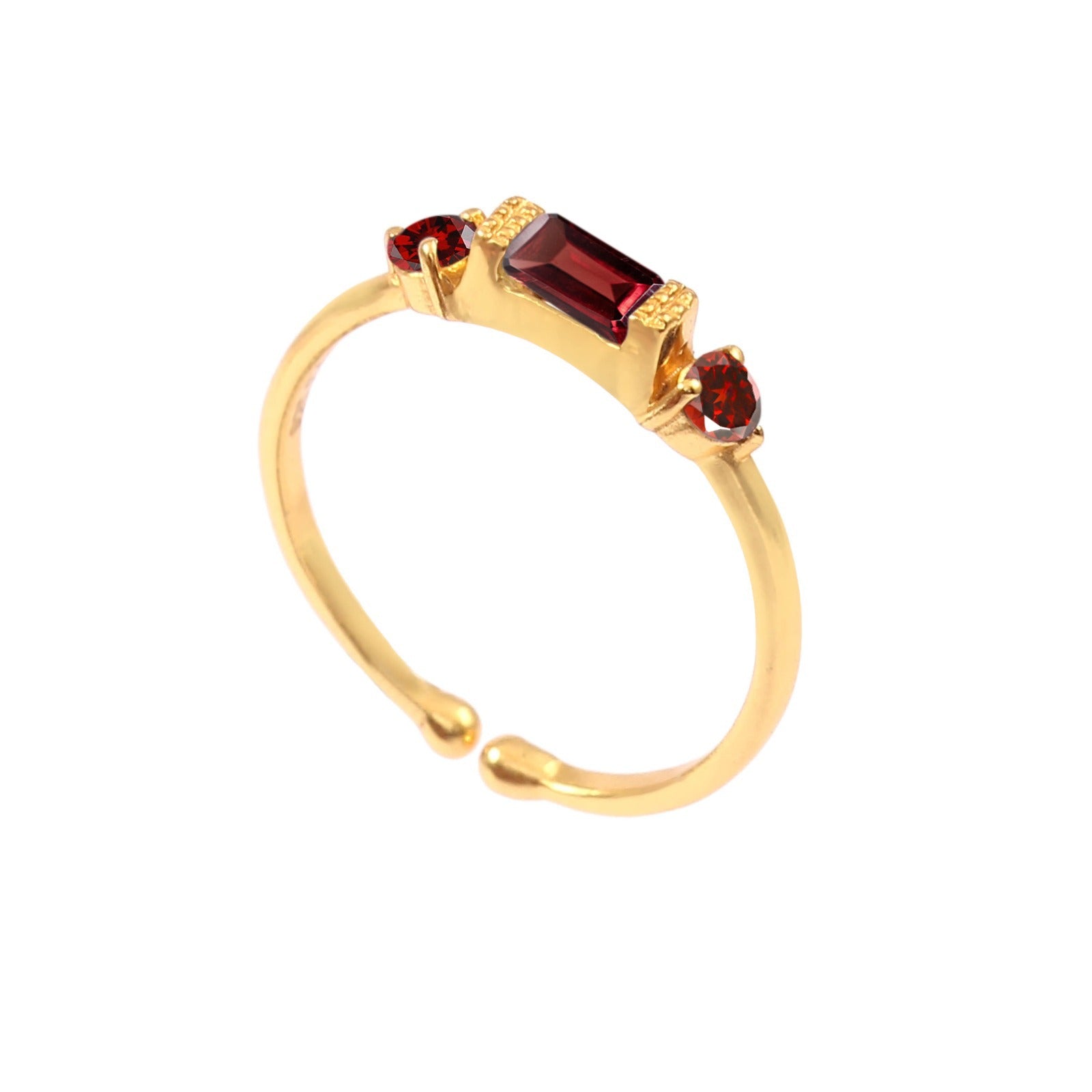 Gold three-stone ring with baguette garnet in 22K gold-plated sterling silver.