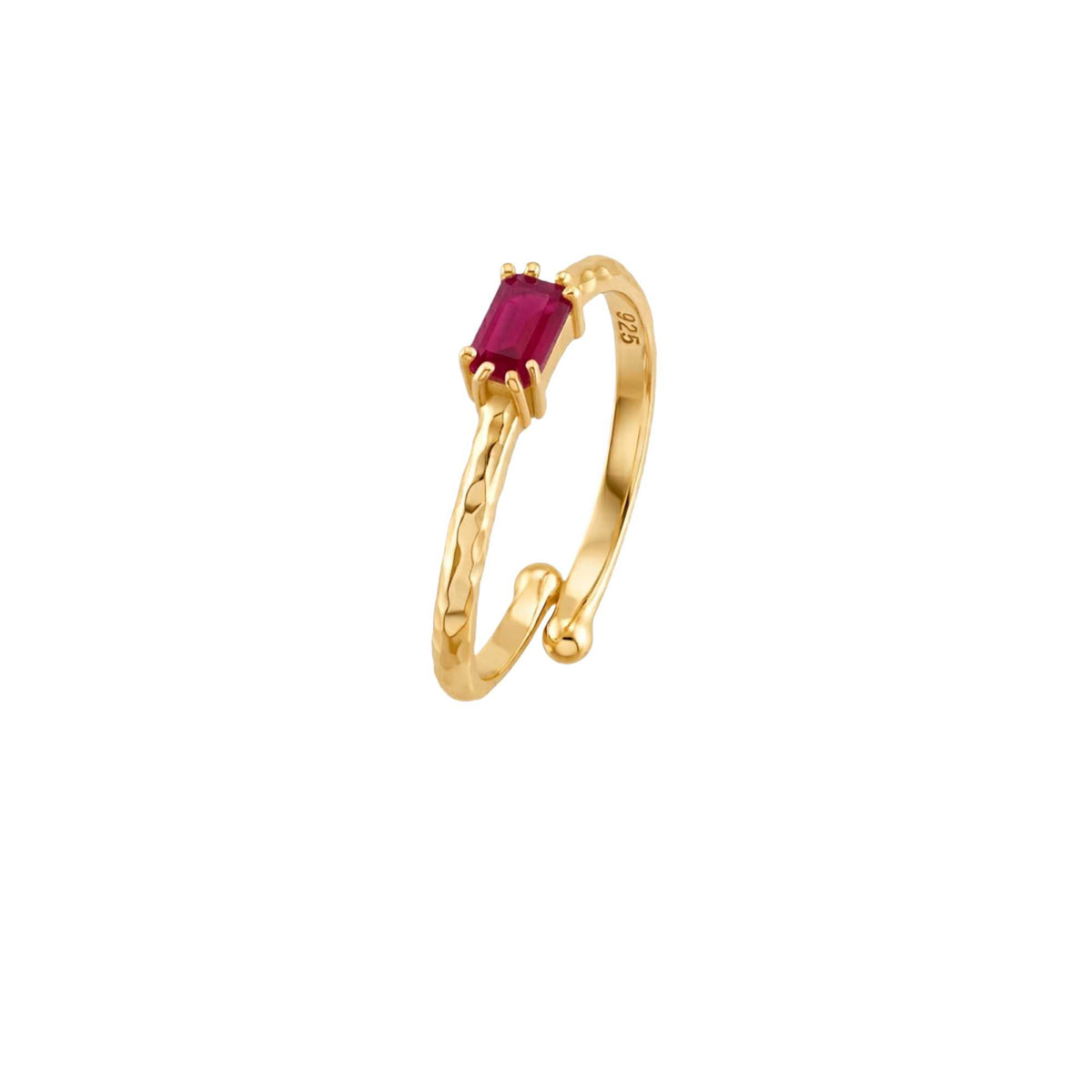Side angle of gold baguette ruby jade adjustable ring in 22K gold-plated sterling silver.Three-quarter angled view of the Delicate Vintage Ruby Jade Baguette Ring highlighting the raised prong setting, the vibrant pinkish-red baguette gemstone, and the open-shank band design with 925 stamp.Gold ruby jade baguette ring side angle view.