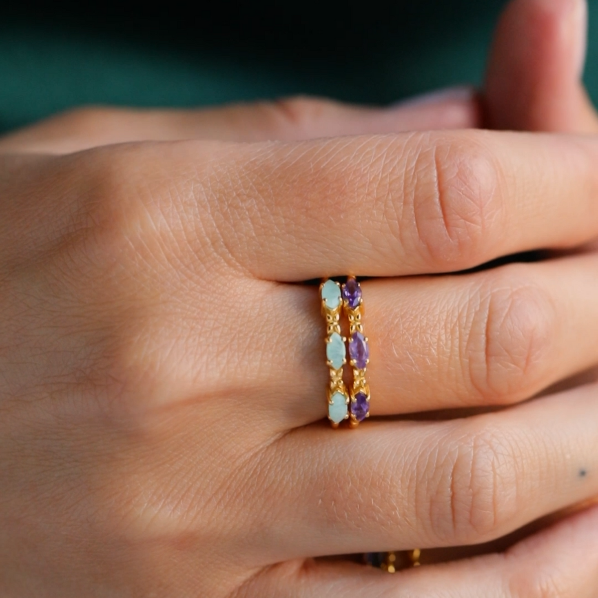Delicate Vintage Trio Amazonite Adjustable Ring Gold