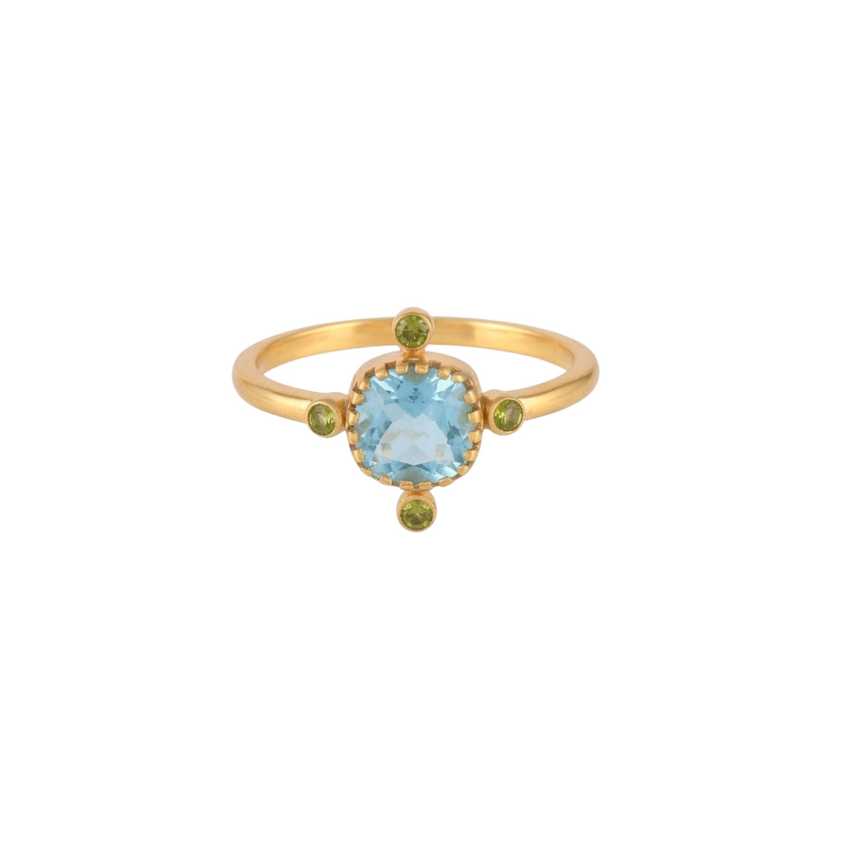 Protsaah Zurich - Top view of Kaleidoscope Blue Topaz & Peridot Melange Adjustable Ring featuring a light blue cushion-cut gemstone surrounded by four green Peridot accents in 22K gold-plated recycled sterling silver.
