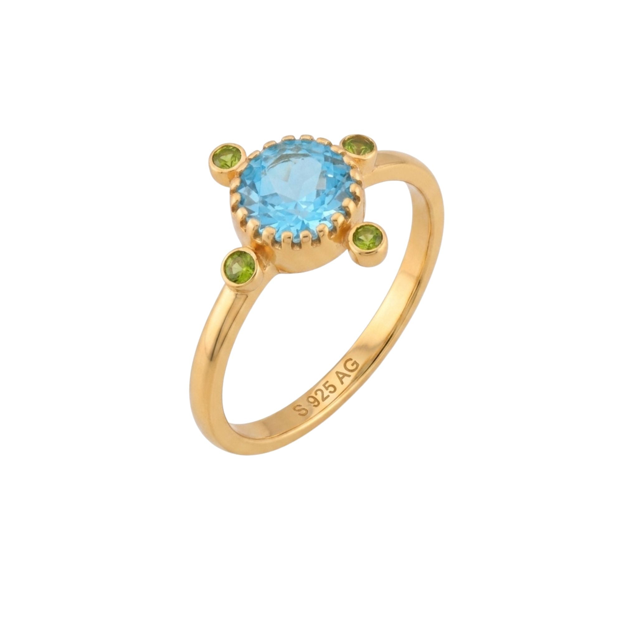 Protsaah Zurich - Angled profile view of Kaleidoscope Blue Topaz & Peridot Melange Adjustable Ring showing the high-polish 22K gold vermeil band with S925 AG hallmark stamp and raised milgrain bezel setting.