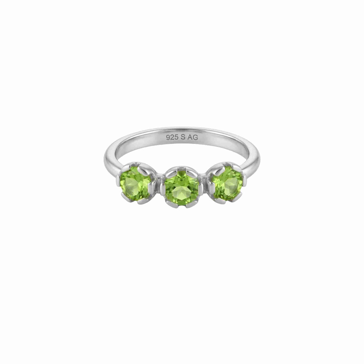Front view of Delicate Vintage Peridot Trio Adjustable Ring in 925 silver, featuring three round-cut green peridot gemstones set on a polished silver band.