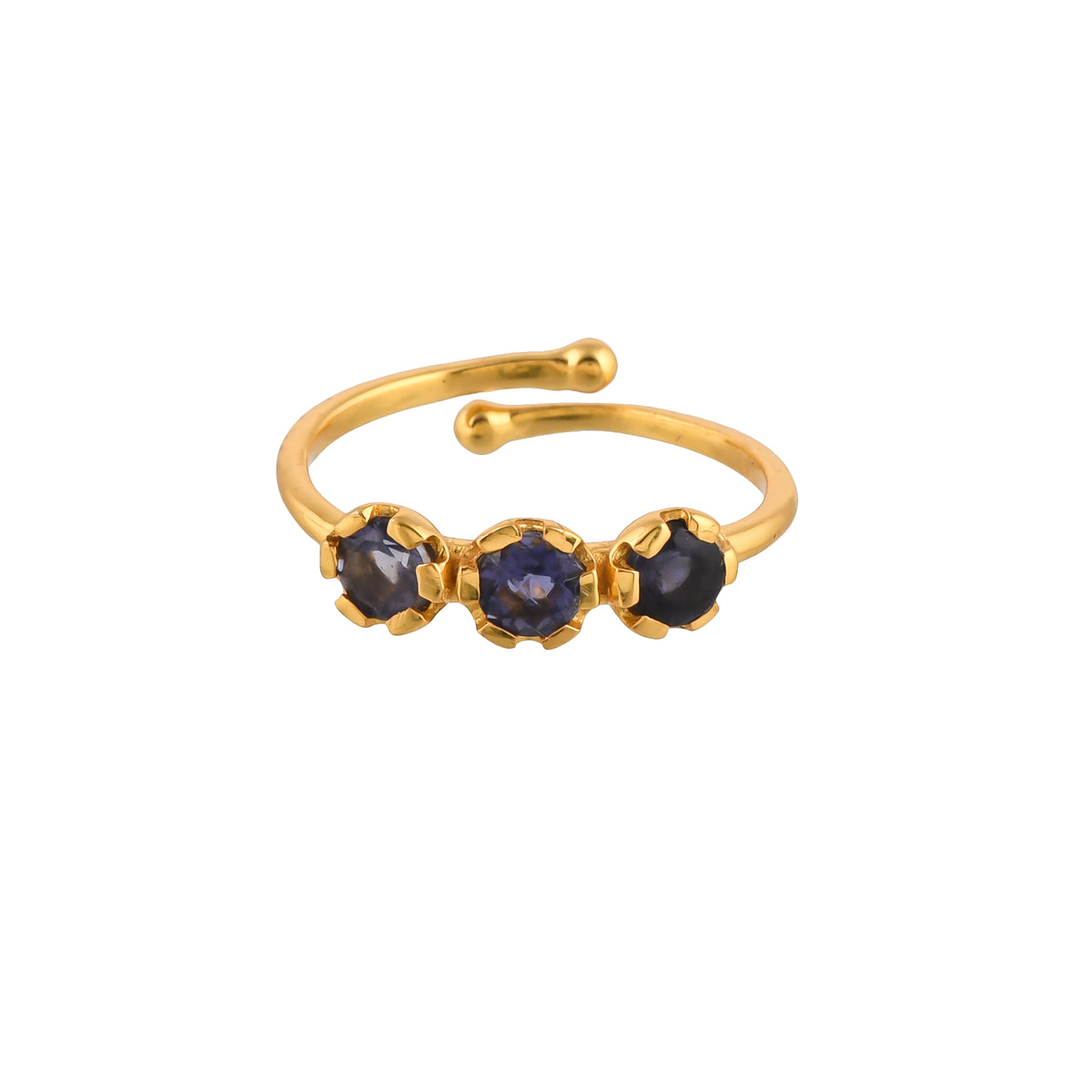 Front view of Delicate Vintage Iolite Trio Adjustable Ring in 22K gold-plated silver.