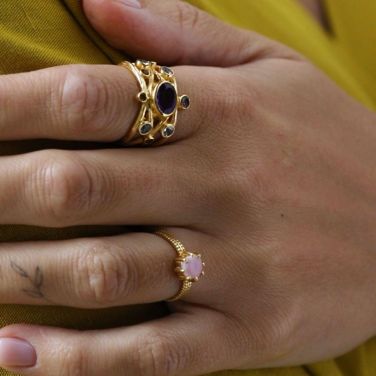 Kaleidoscope Blue Topaz Amethyst & Citrine Statement Ring Gold