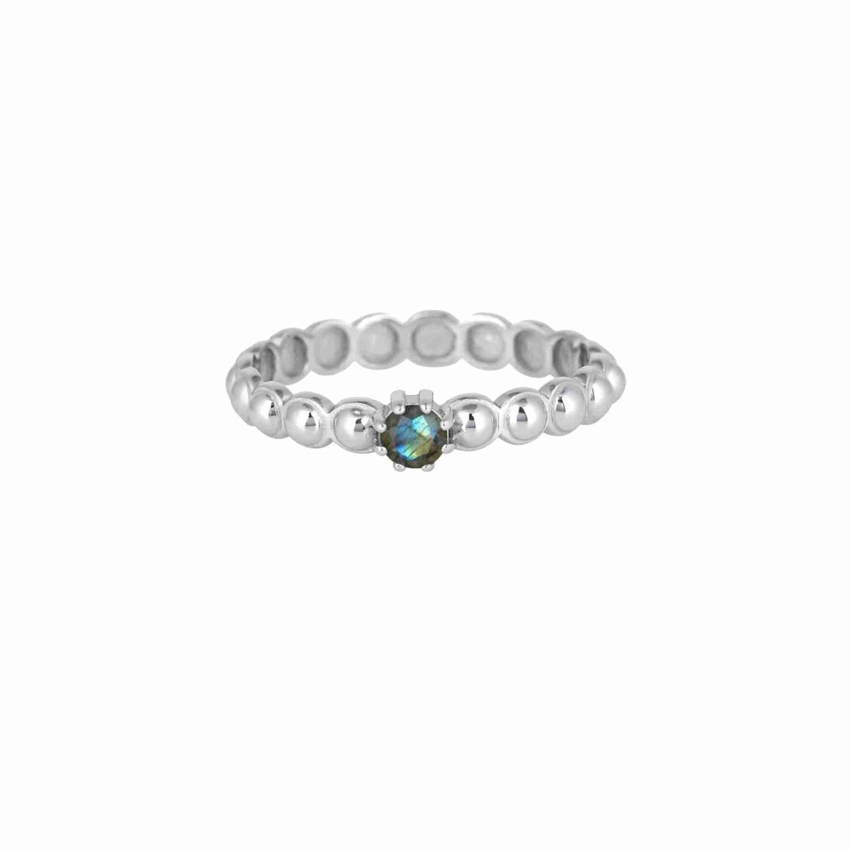 Front view of Delicate Vintage Labradorite Dotted Circle Ring in 925 silver, featuring a round-cut iridescent labradorite gemstone set in a prong setting on a beaded dotted eternity band.