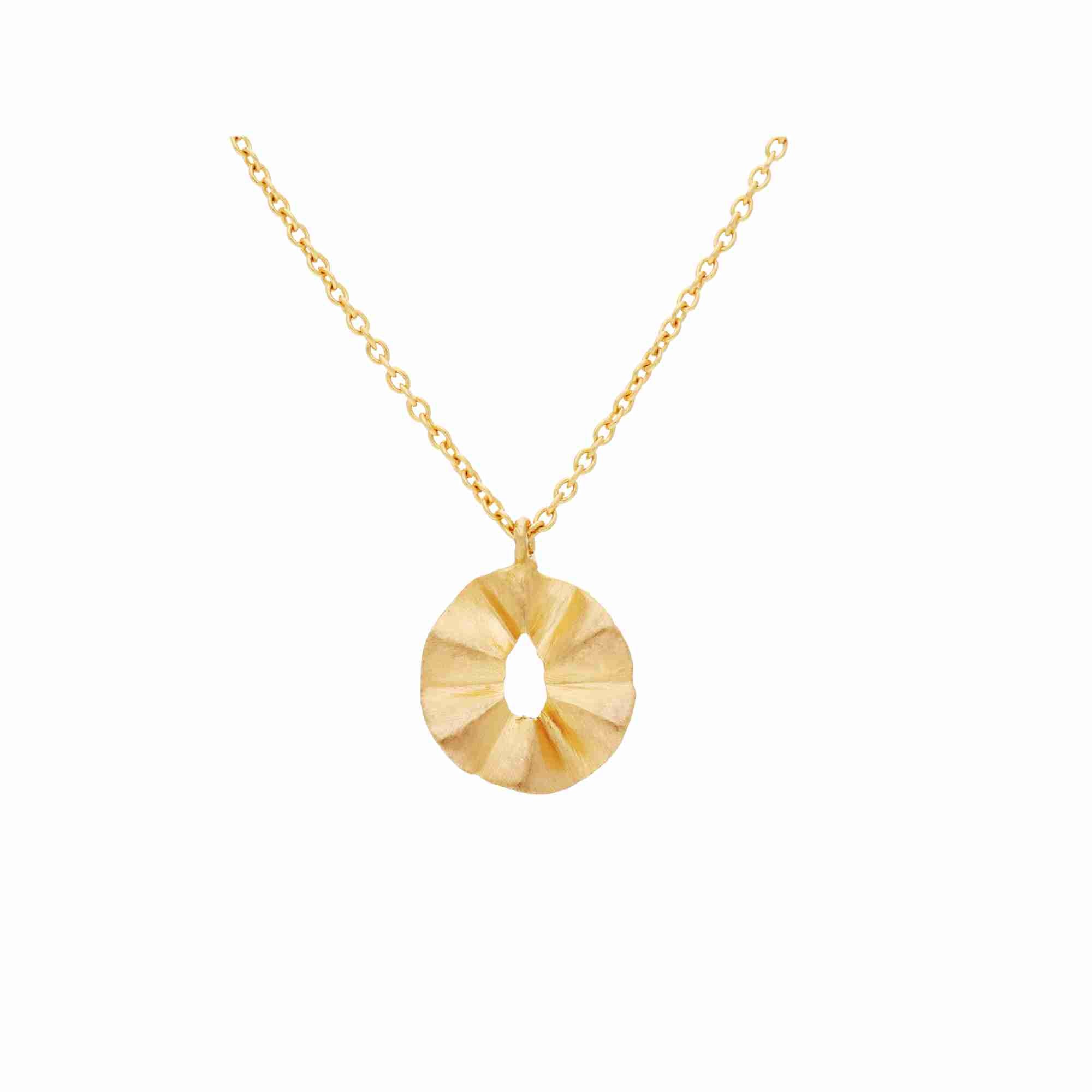 Ribbons & Lace Ruffle Gold Necklace; sculptural open pendant featuring an undulating furl design with adjustable chain, matte brushed gold finish.