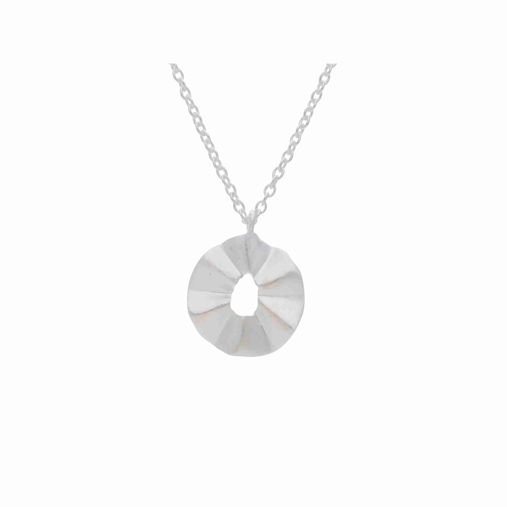 Ribbons & Lace Ruffle Silver Necklace; sculptural open pendant featuring an undulating furl design with adjustable chain, matte brushed silver finish.