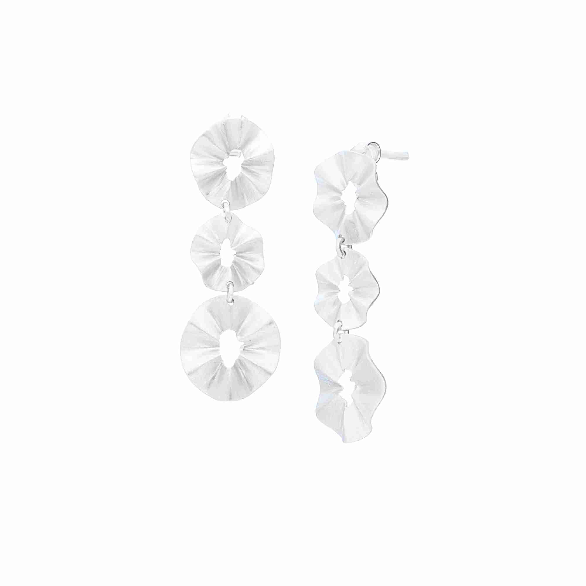 Ribbons & Lace Silver Statement Earrings; cascading tiered trio design with a signature matte brushed finish over 92.5 recycled silver.