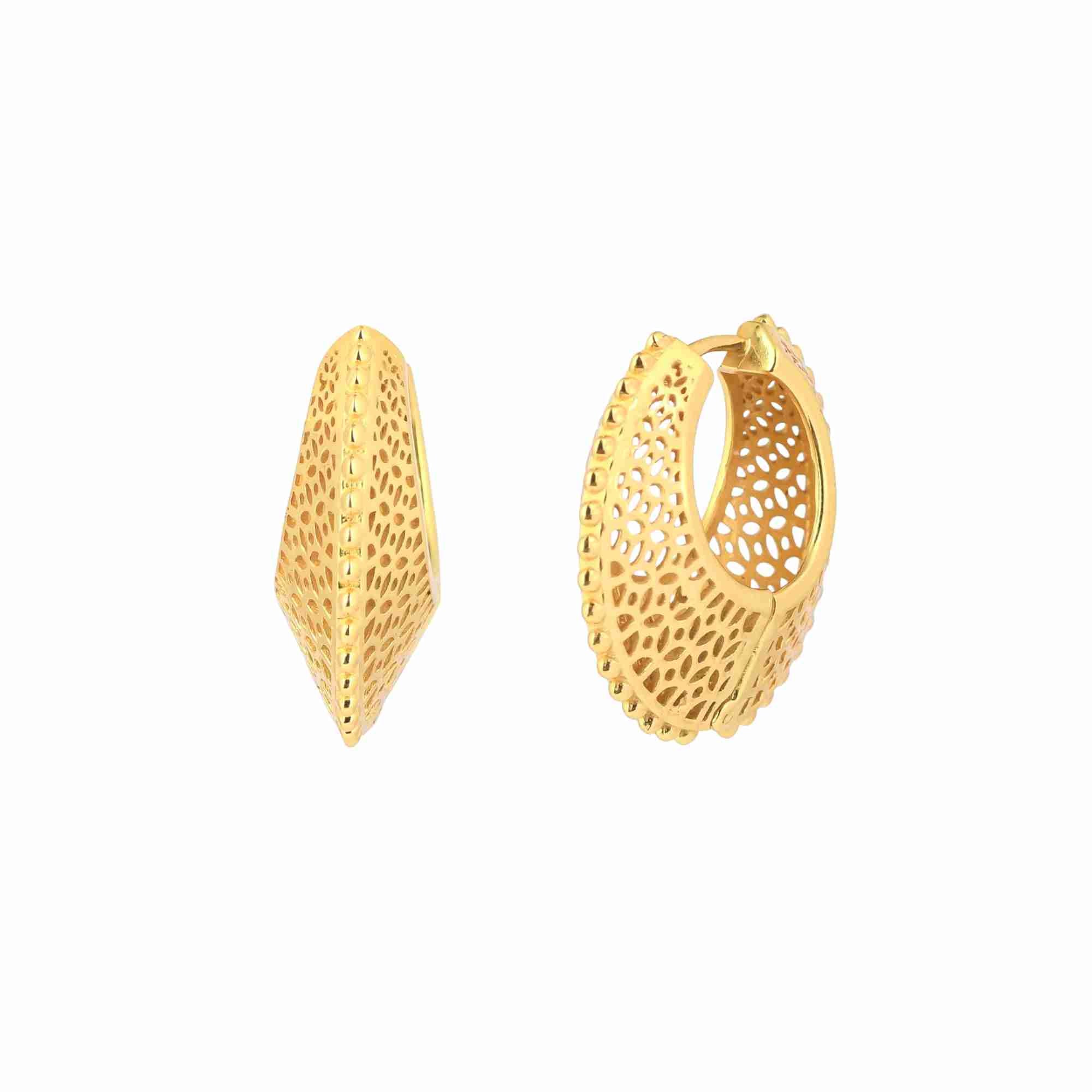 Ribbons & Lace Gold Statement Hoop Earrings; bold, ornate filigree-style texture with a polished gold finish over 92.5 recycled silver.