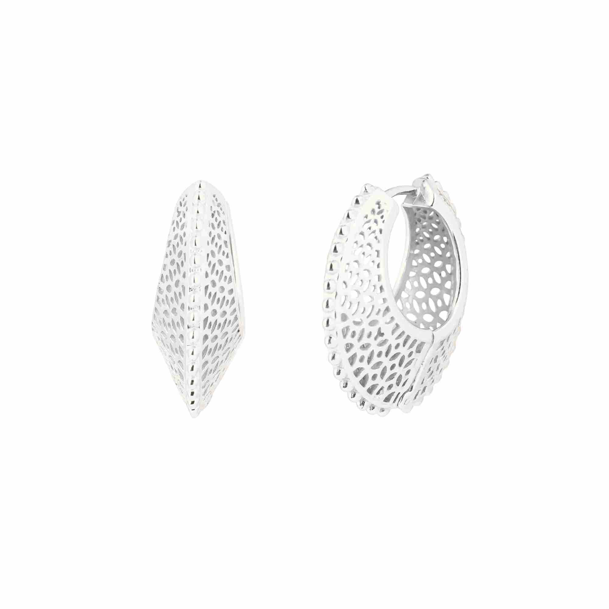 Ribbons & Lace Silver Statement Hoop Earrings; bold, ornate filigree-style texture with a polished silver finish over 92.5 recycled silver.