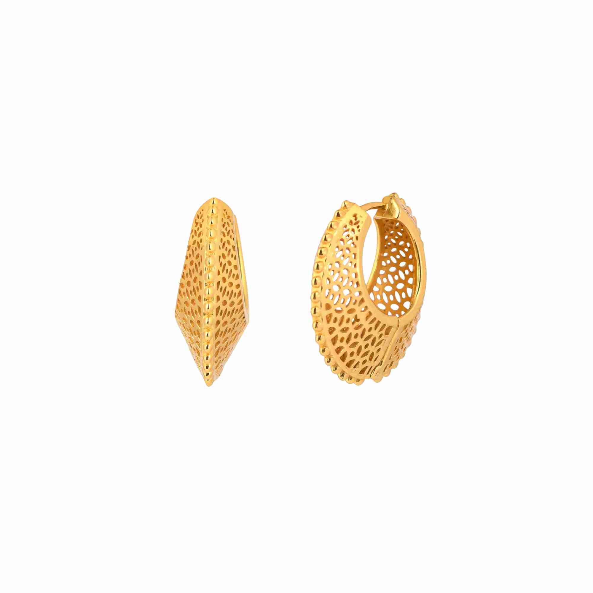 Ribbons & Lace Gold Statement Hoop Earrings; bold, ornate filigree-style texture with a polished gold finish over 92.5 recycled silver.