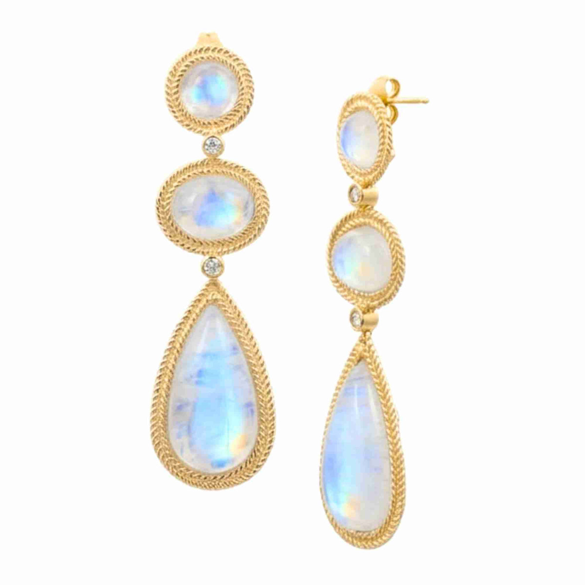Three linked rainbow moonstone cabochons in rope-twist bezels in gold on a white background